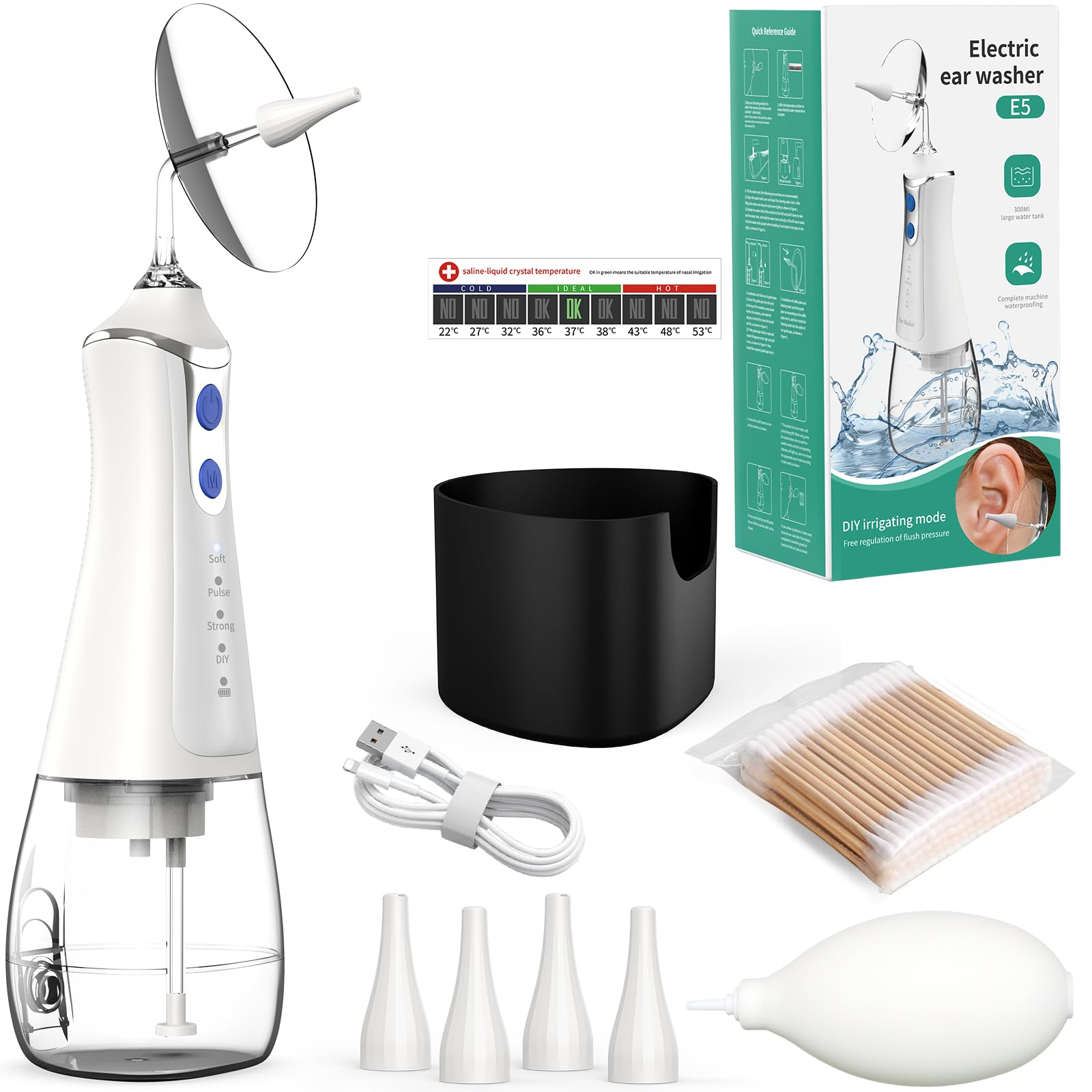 Ear Wax Removal, Electric Ear Cleaning Kit, Ear Irrigation Kit with 4 Pressure Setting, Safe Ear Flush Kit for Ear Washing, Includes Basin, 4 Tips, Cotton Swabs, Absorbent Balls, Temperature Stickers