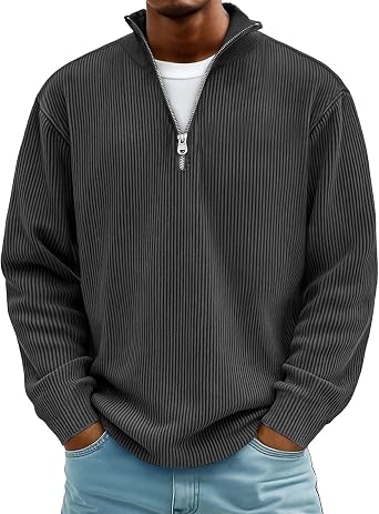CRNTCEM Mens Quarter Zipp Work Pullover Long Sleeve Relaxed Fit Polo Sweatshirts Mock Neck Work Golf Quilted Knitted Sweater