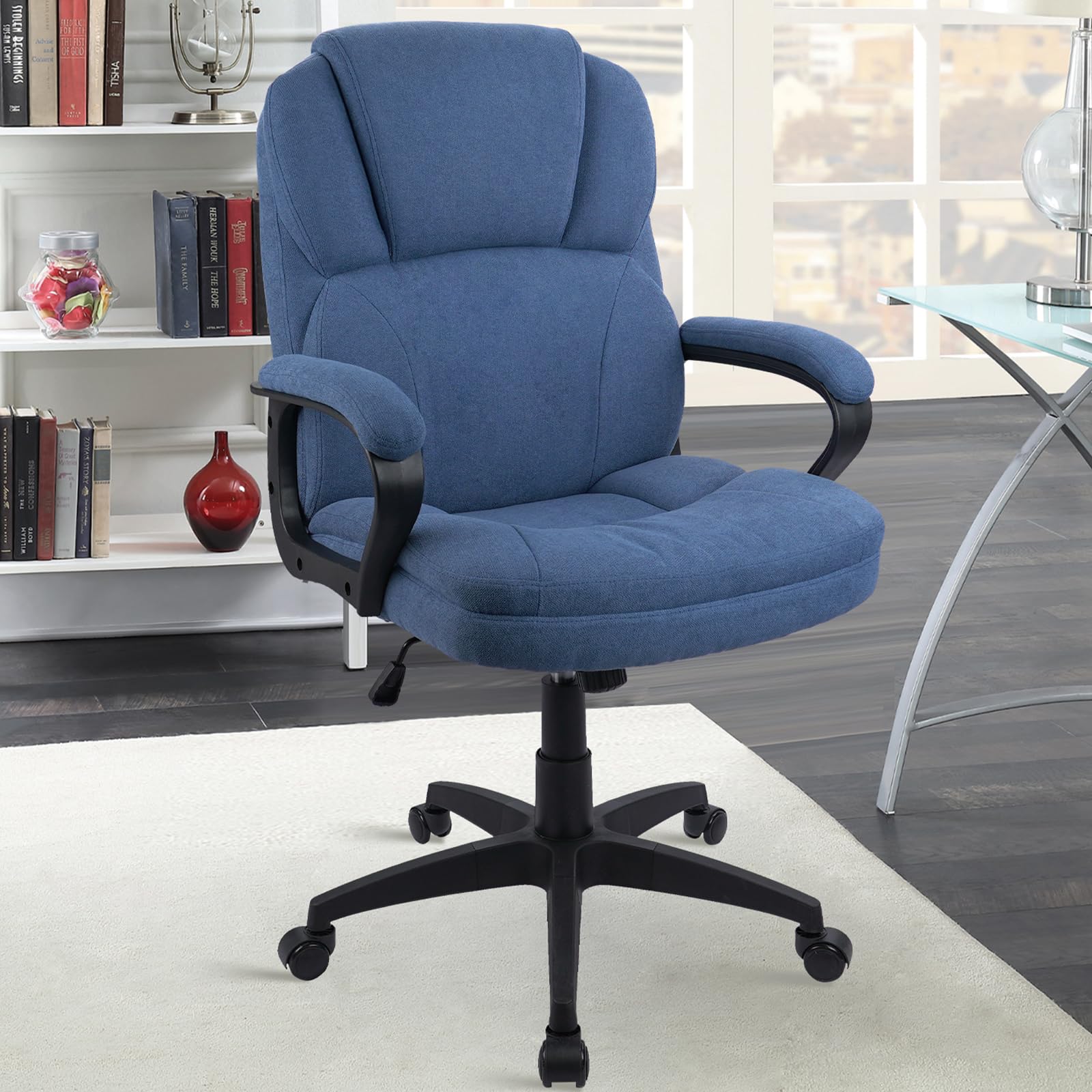 CLATINA Cloth Fabric Office Desk Chair, Adjustable Height Swivel Ergonomic Executive Chairs with Soft Padded Armrest and Wheels, Comfortable Upholstered Computer Task Chair for Home, Work, Blue