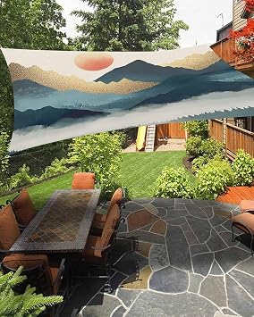 Teal Golden Mountain Sun Sail Shades Rectangle Canopy,Sunlight Block Heavy Duty Curved Backyard Shade Cover, Tree Peaks Landscape Waterproof Sun Shades for Patios Garden Pergola Outdoor 6.5x10
