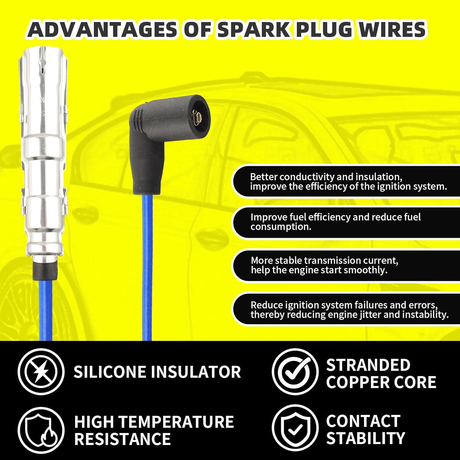 Set of 4 PCS Iridium Spark Plugs with Wire Set 671-4125 55601 57041 RC-VWC035 06A905409L Compatible with Volkswagen Jetta Golf Beetle L4 2.0L