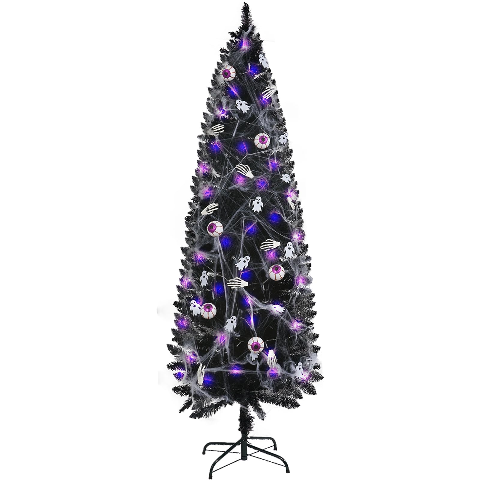 XmasExp Black Halloween Christmas Tree, 6ft Artifical Pencil Christmas Tree with Purple LED Lights String 8 Lighting Modes, Spider Web, Ghost Ornaments