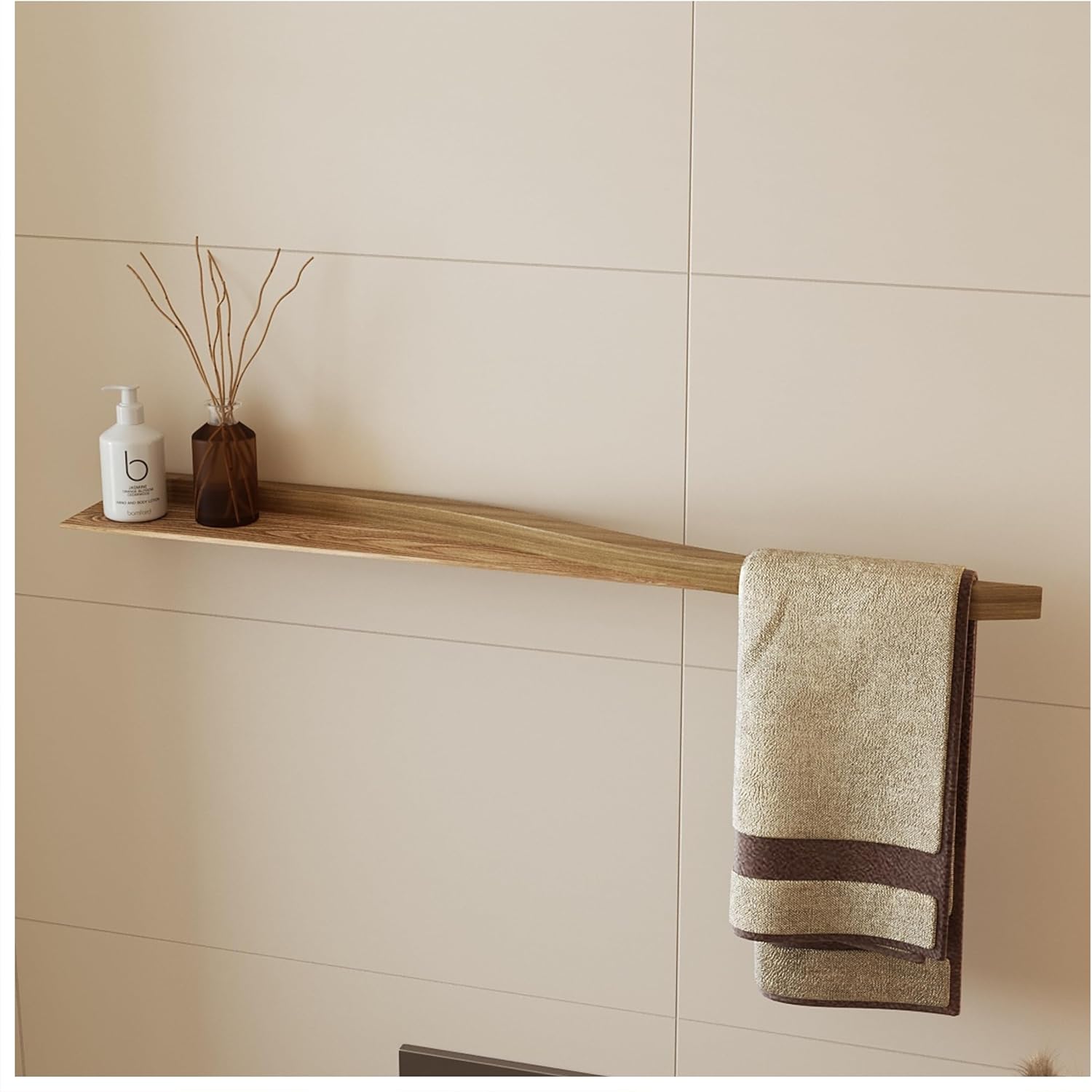 Towel Holder with Shelf, Wall Mounted Floating Handtowel Drying Rack Modern Style, Horizontal Bathroom Organizer (Oak)