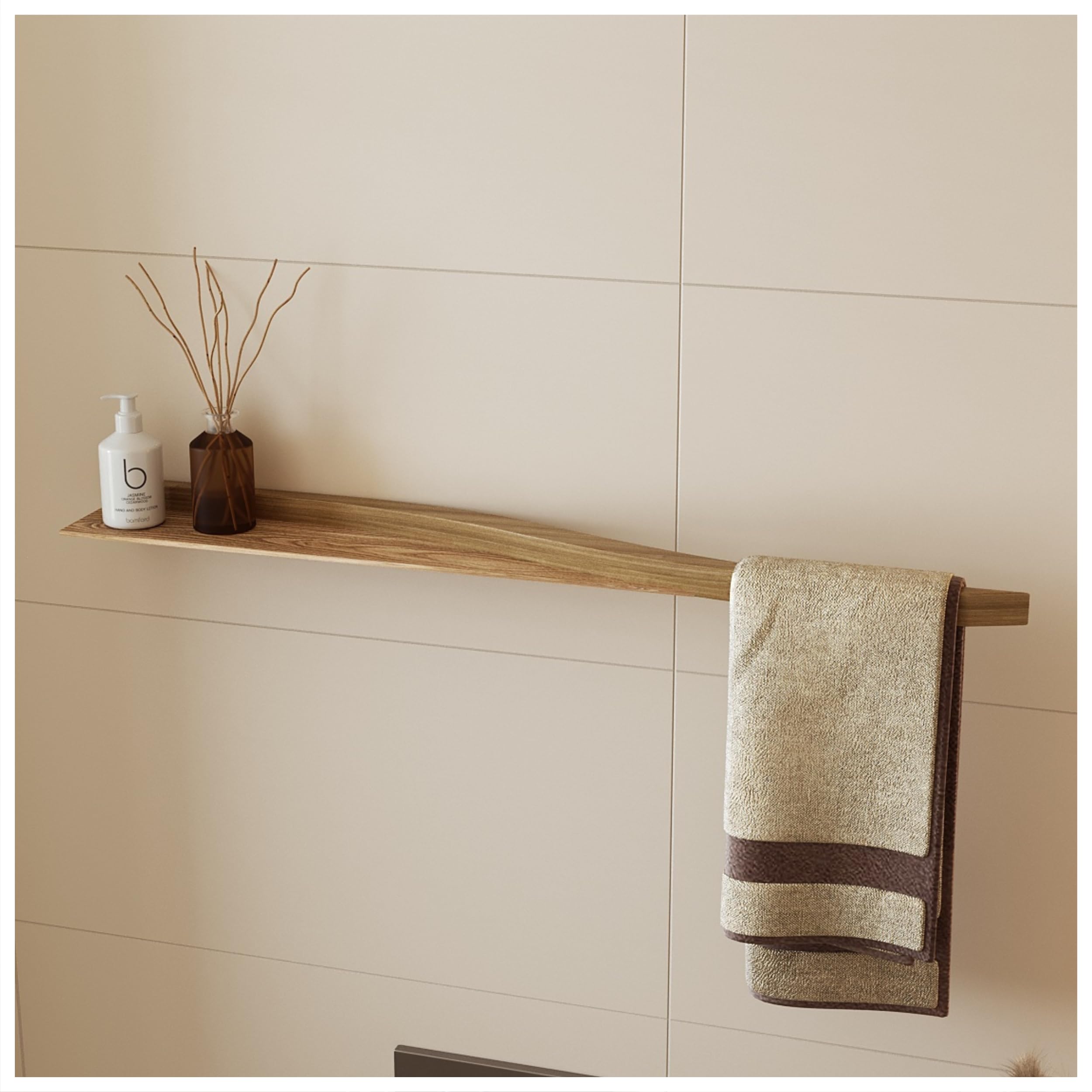 Portasciugamani con ripiano, da parete, sospeso, stile moderno, organizer orizzontale da bagno (rovere)