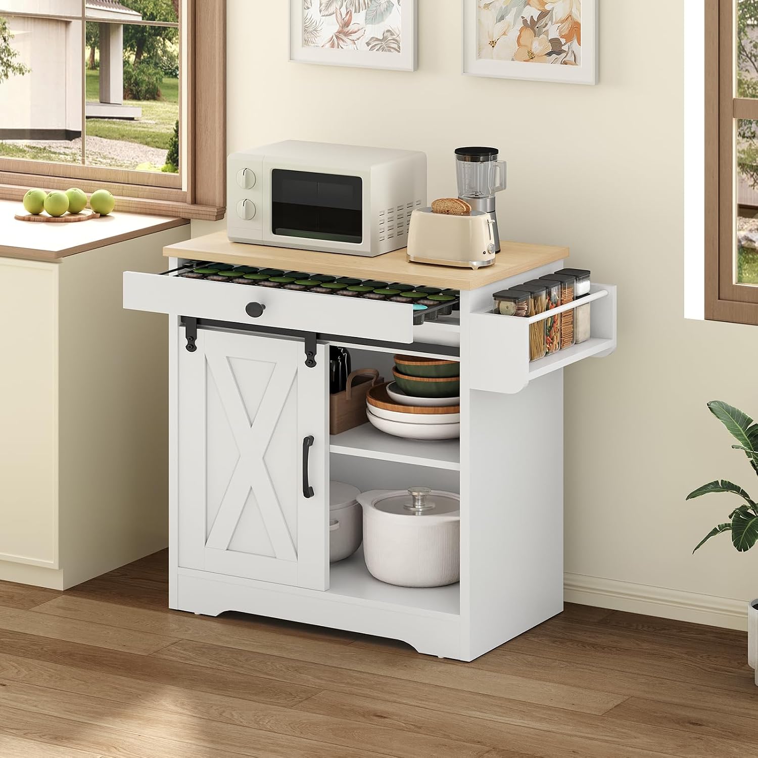 YATINEY Coffee Bar Cabinet, Sideboard Buffet Cabinet with Storage | Farmhouse Kitchen Island with Pod Drawer, Barn Door Design, Adjustable Shelf, for Restaurant, Living Room, White and Natural