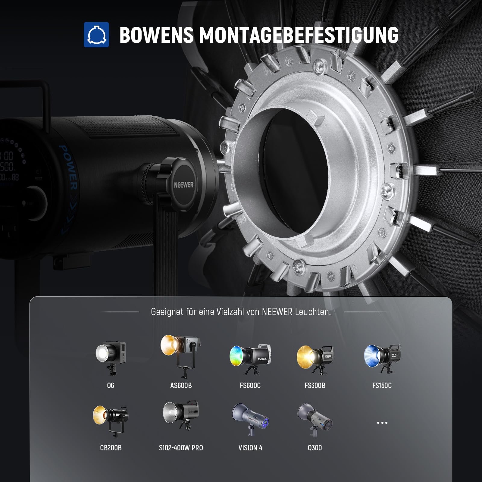 NEEWER 47,2Zoll/120cm Parabolic Softbox Quick Setup Quick Folding, mit Diffusoren/Wabengitter/Tasche, kompatibel mit Aputure 120d Light Dome Godox sl60w NEEWER RGB CB60 und Anderen Bowens Mount Lights
