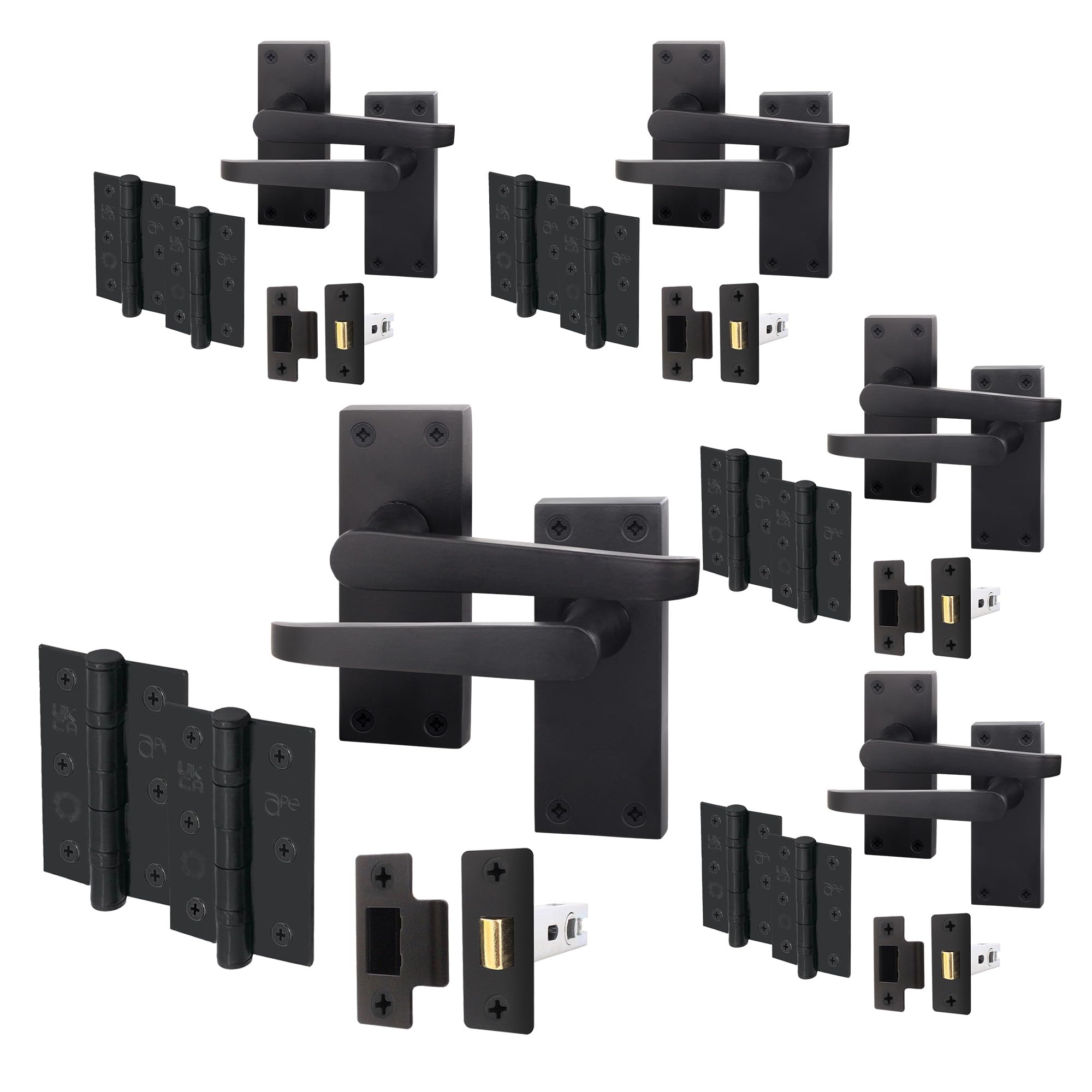 EAI Black Door Handle Latch Set | 5 Pairs Internal Handles on Backplate with Latch 64mm & Hinges 76mm | Straight Pattern