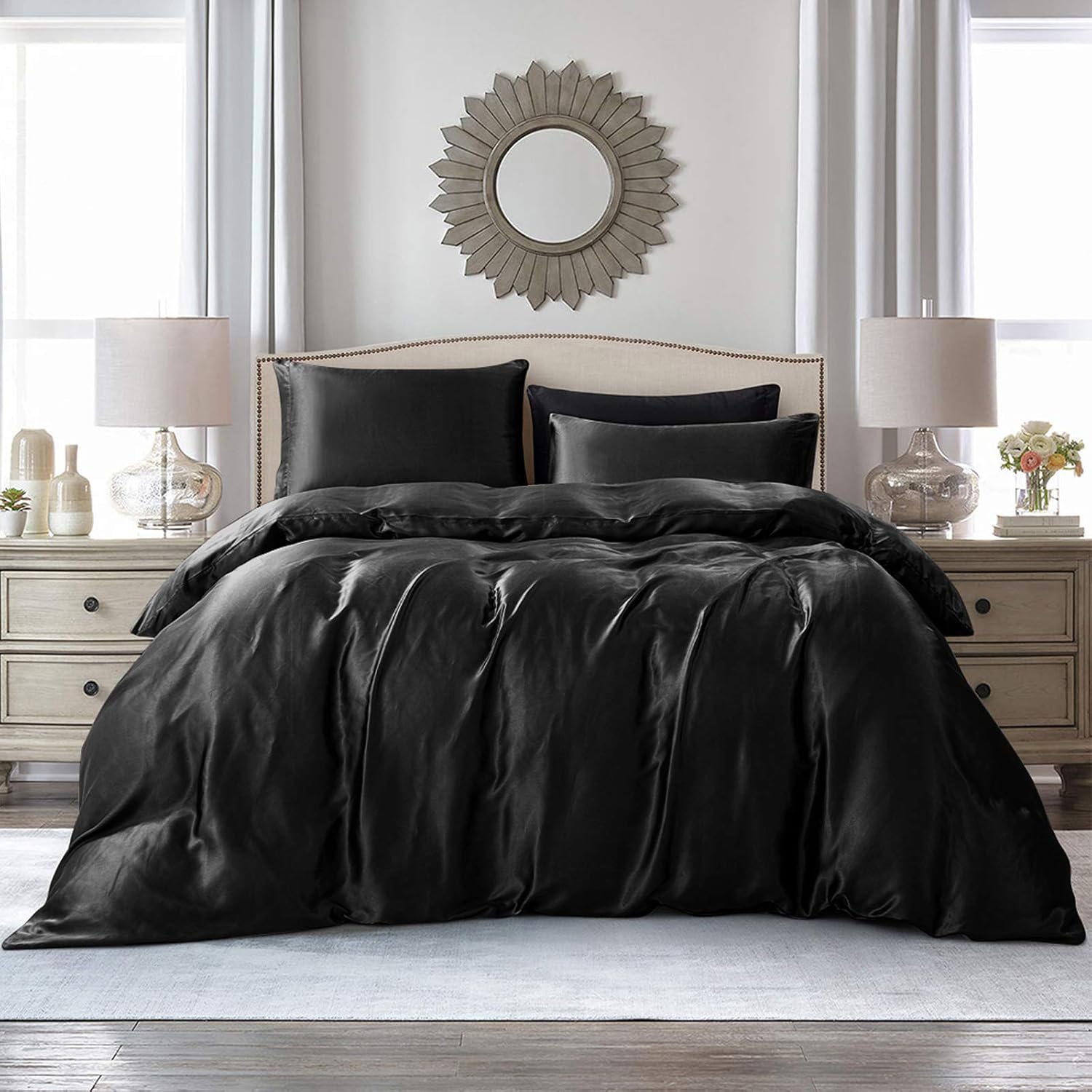 Amazon.com: Vonty 3-Pieces Satin Duvet Cover Set Full/Queen Size Black Silk Like Satin Bedding ...