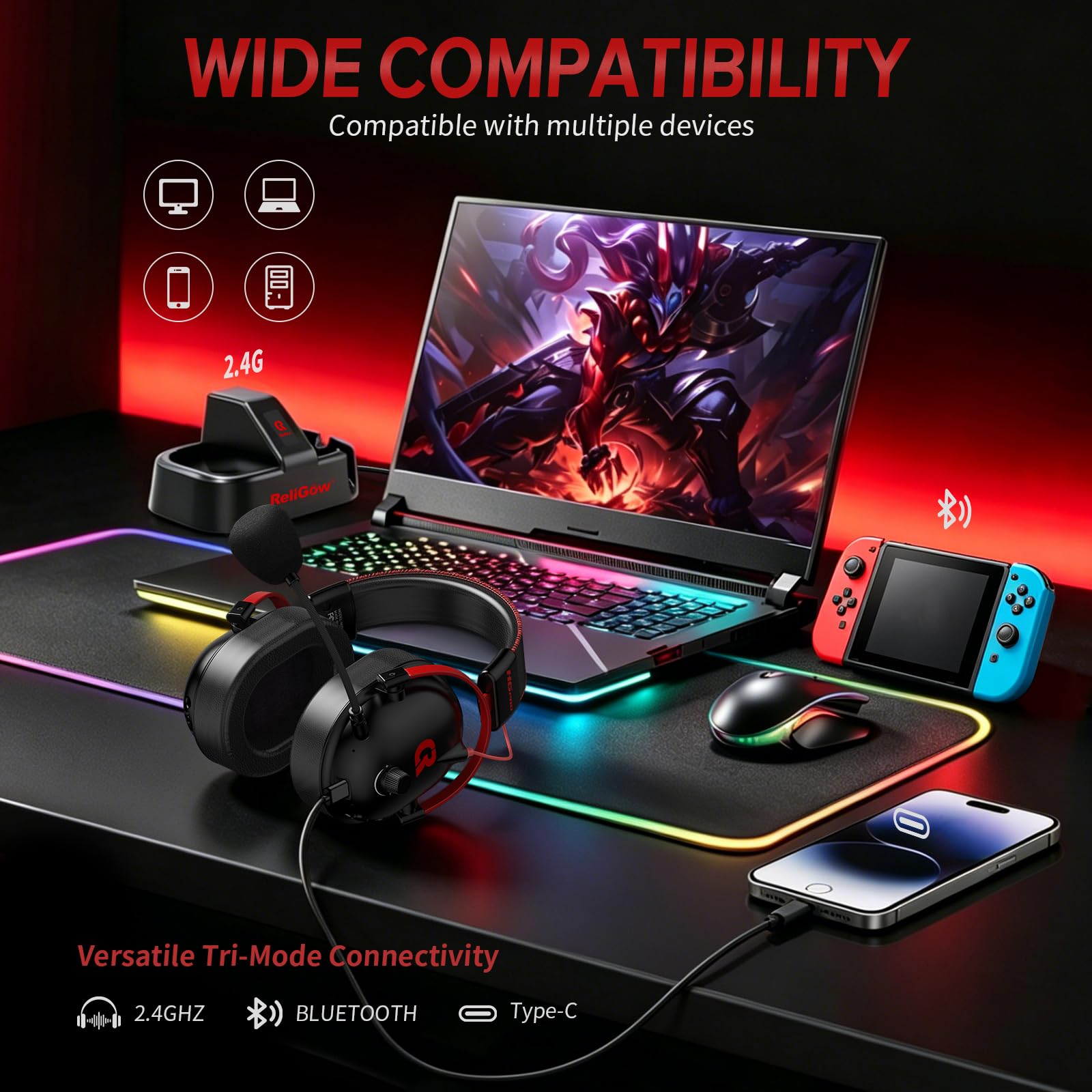 Kabelloses Gaming-Headset mit Ladestation für PC, PS4, PS5, XBOX