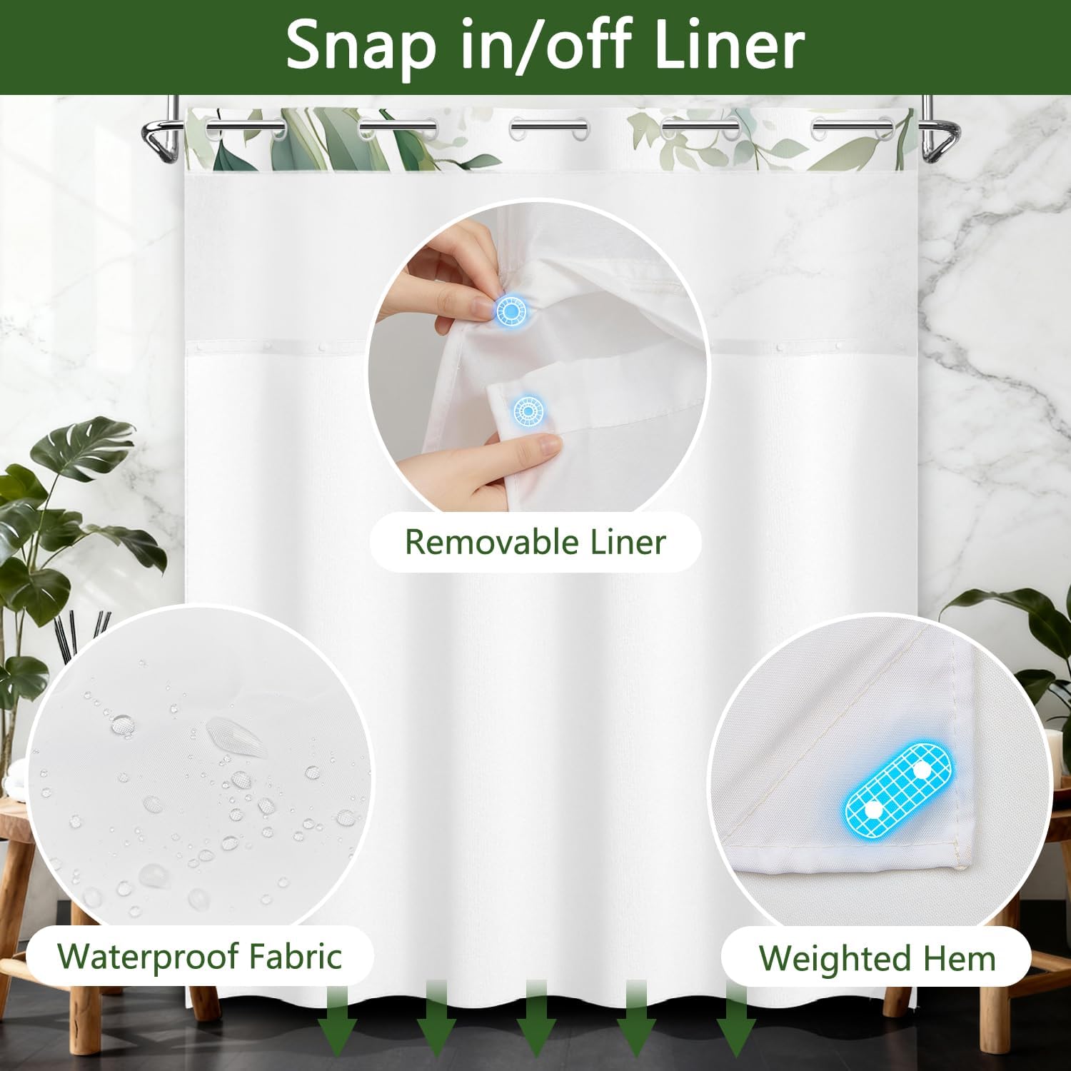 Hummingbird Sage Green Eucalyptus Leaves Shower Curtain, Waterproof Fabric No Hook Shower Curtain and Liner with Mesh Top Window, Spring Summer Botanical Floral Bird Bathroom Curtains, 71x74 Inch image 5