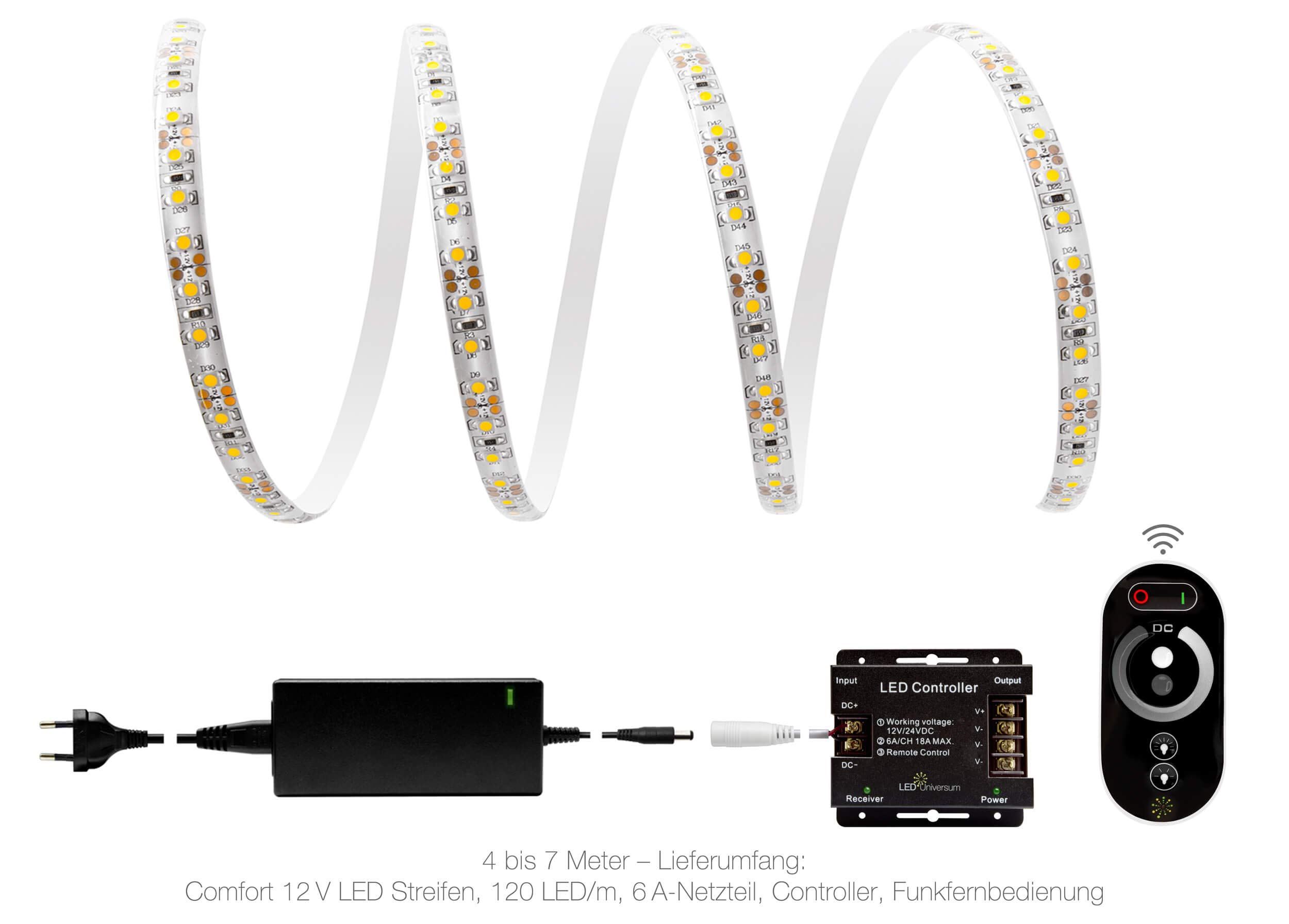 6 metros muy HELLERMANN warmweißer tira LED (120 LED/M, IP65, 12 V), incluye controlador, mando a distancia y fuente de alimentación