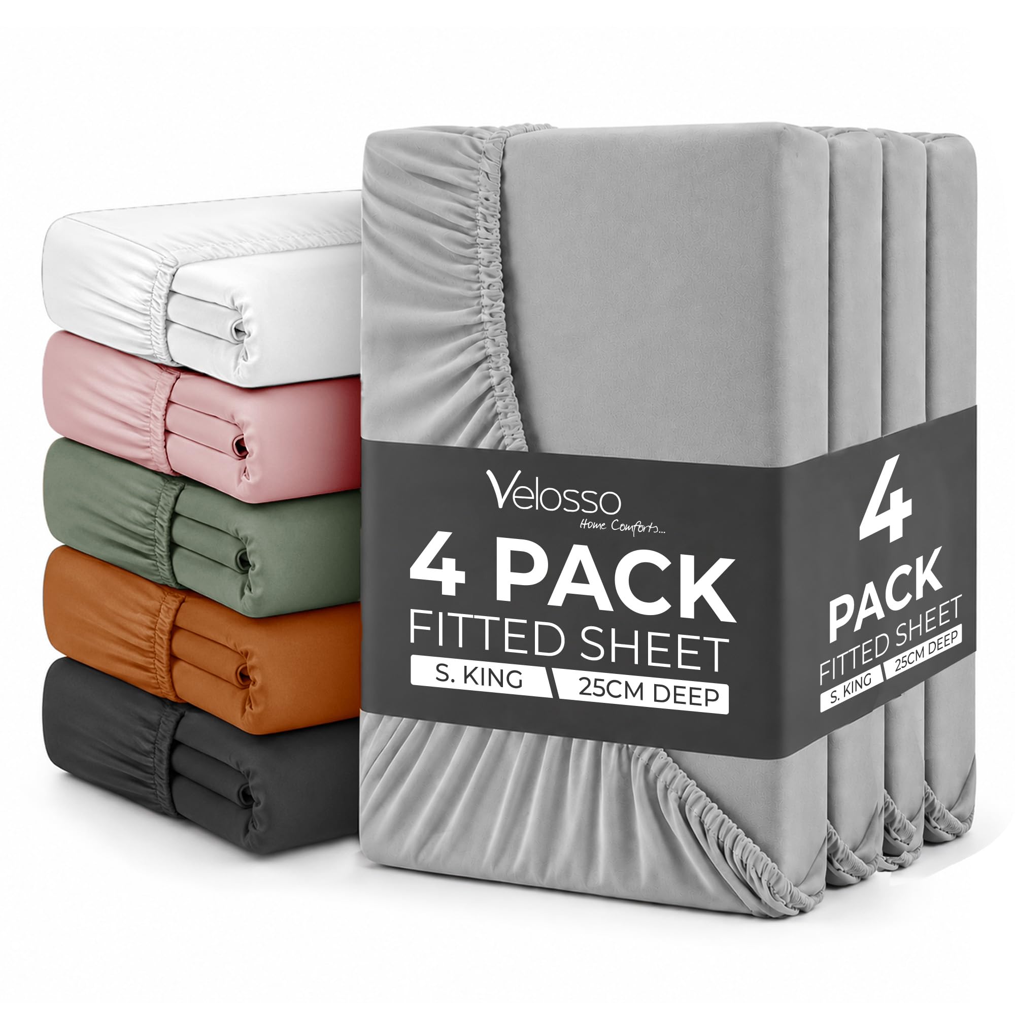 Plain Dye Fitted Sheet 25cms Pocket Soft Brushed Microfibre Fabric Mattress Bottom Bed Sheets (Grey, Super King 4 Pack)