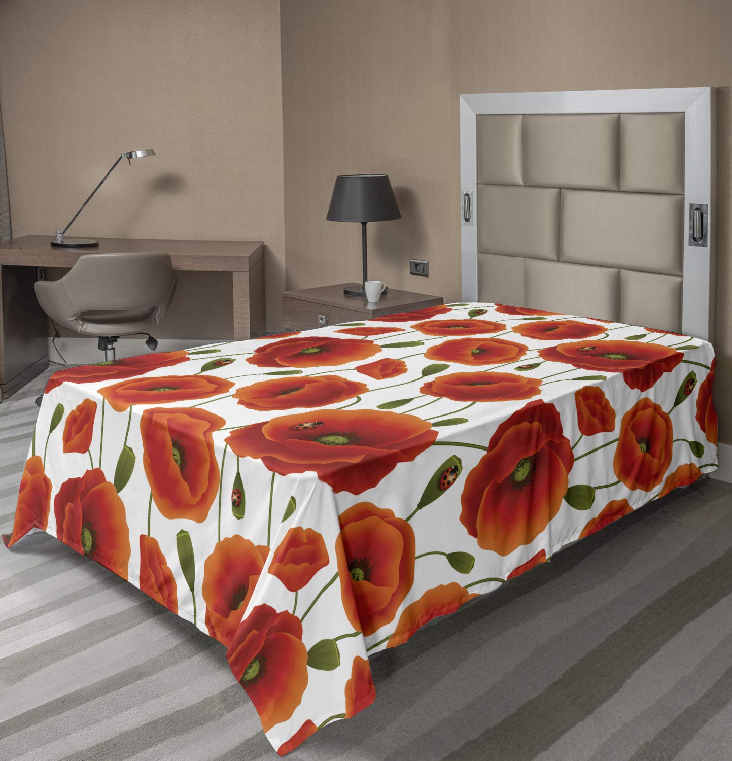 Lunarable Ladybugs Flat Sheet, Floral Pattern of Poppy Flowers in Vibrant Colors Rural Country Surroundings, Soft Comfortable Top Sheet Decorative Bedding 1 Piece, Twin Size, Green Red White