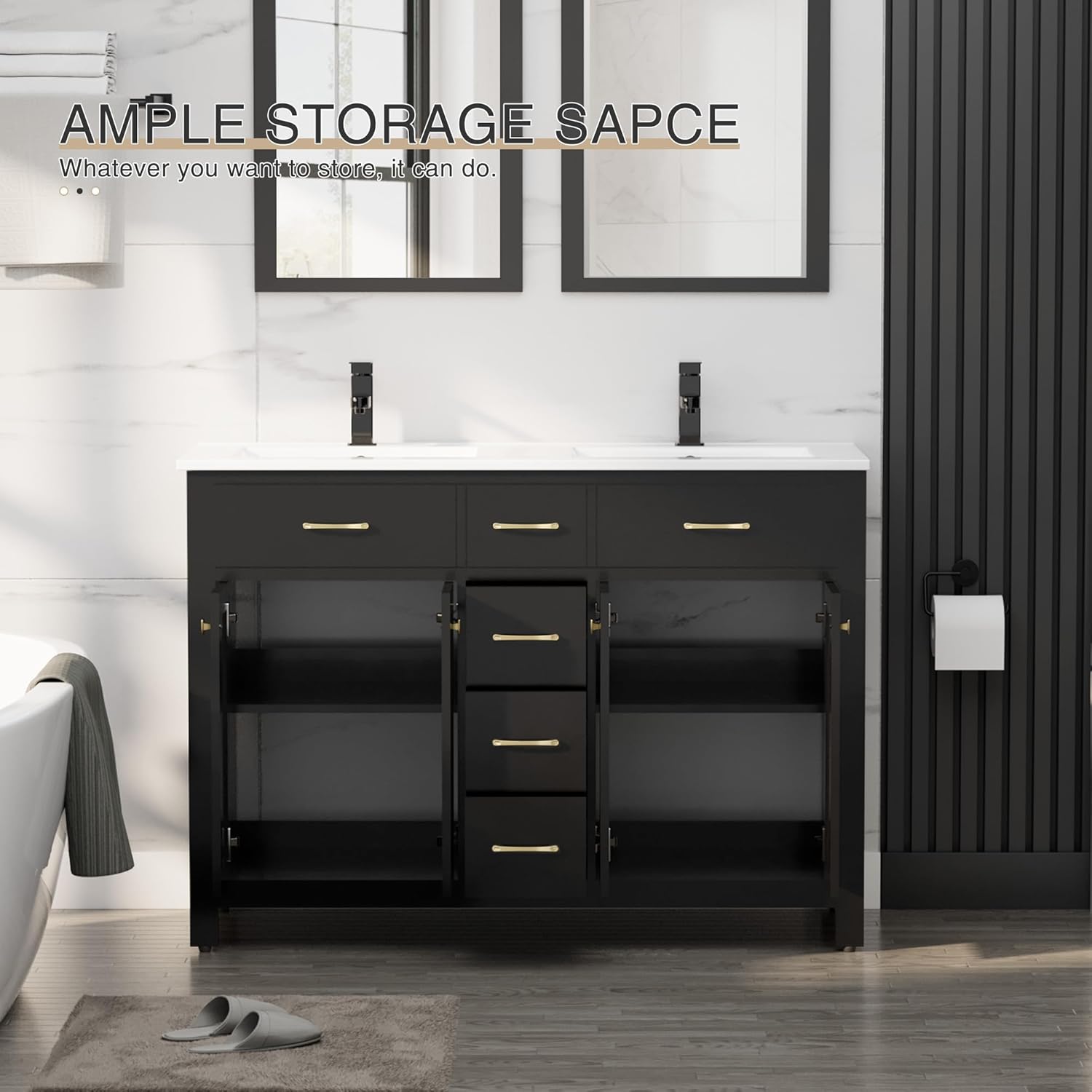 LUCKWIND 48" Painted Modern Bathroom Storage Cabinet with Sink, Include Faucet Without Mirror, Black-1