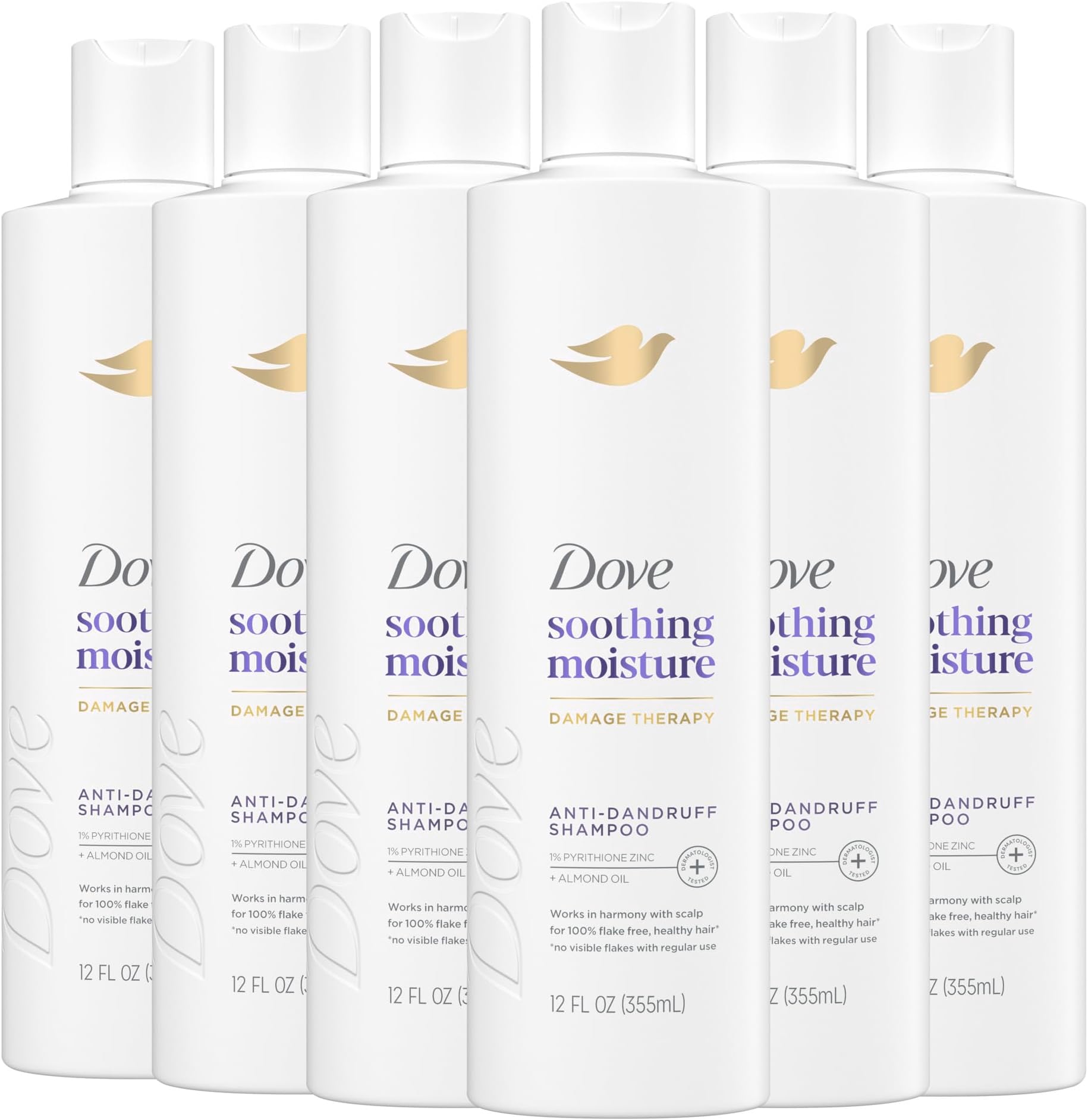 Dove Damage Therapy Derma Shampoo Soothing Moisture Pack of 6 for Flaky Scalp with Pyrithione Zinc and Almond Oil 12 Fl Oz