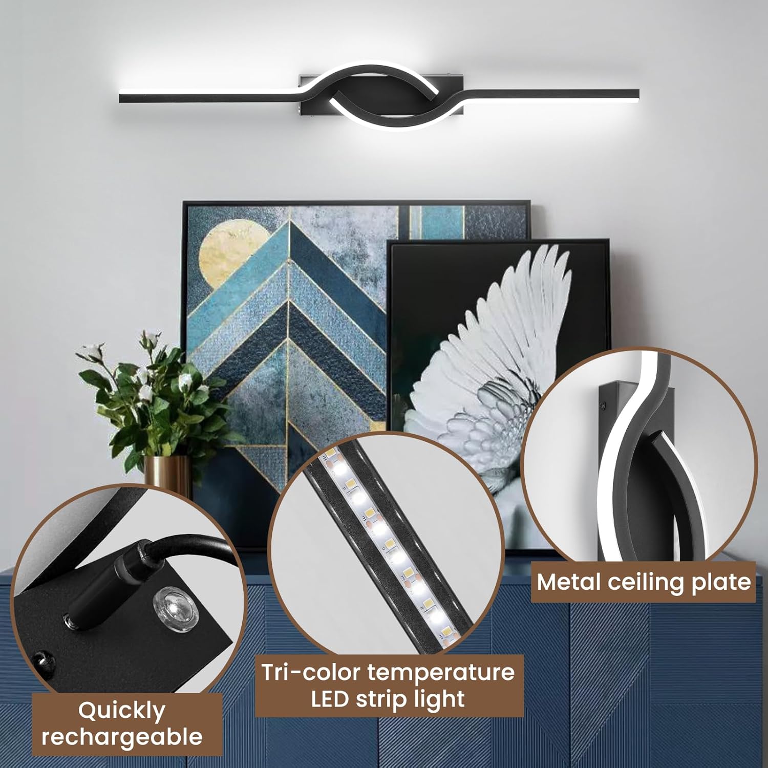 Modern Rechargeable Wall Sconces, Battery Operated Wall Sconces Set of Two, 3000K-6500K LED Wireless Wall Light, Black Modern Wall Lamp not Hardwired for Living Room Bedroom Hallway, etc