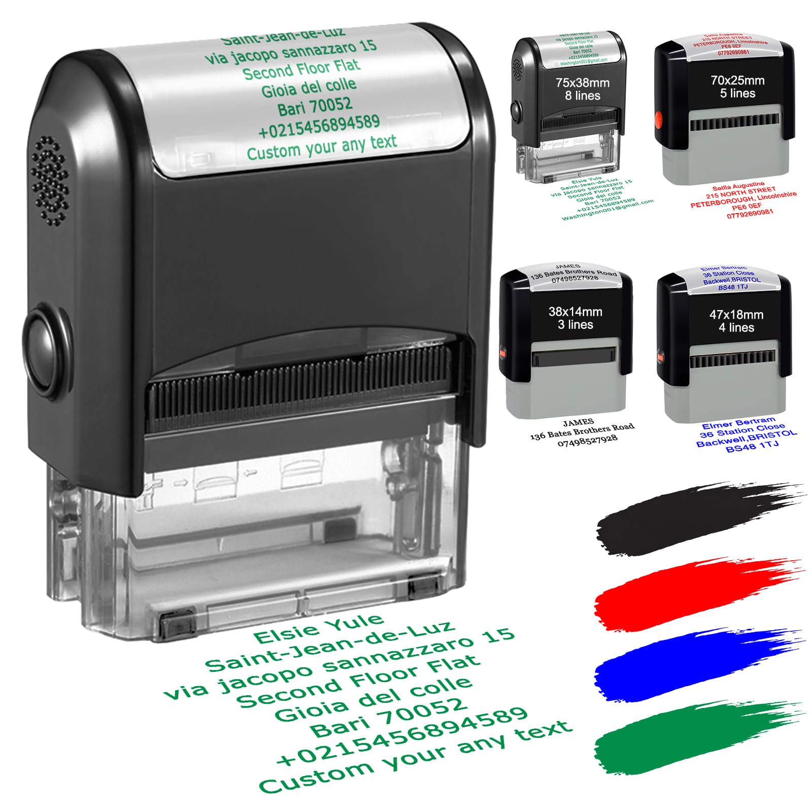 Personalised Stamp Custom Self-Inking Rubber Stamp Name Business Address Stamps 75mm x 38mm Up to 8 Lines of Text 4 Font & Ink Color Options