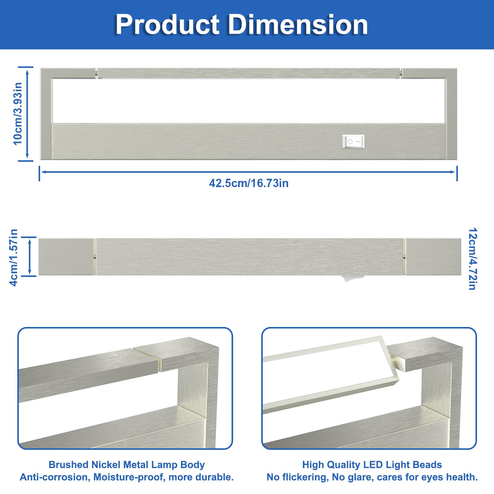 LED Spiegelleuchte Bad, 42CM Spiegellampe Mit Schalter 18W 5000K Neutralweiß Badezimmer Lampe IP44 Wasserdicht Schminklicht, Drehbare Spiegellampe