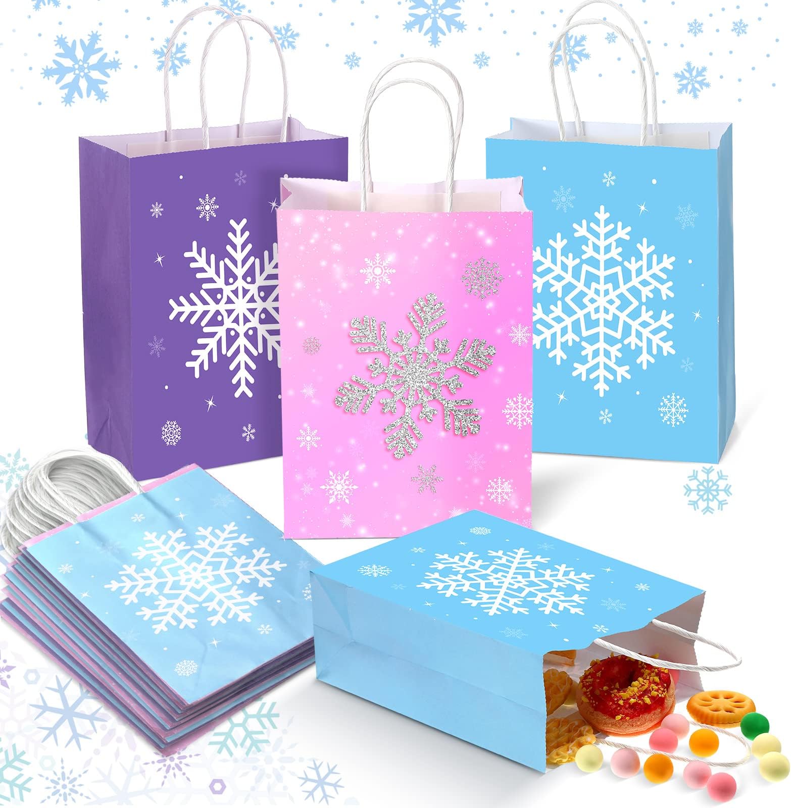 21 Pieces Snowflake Party Favors Bags Kraft Paper Candy Treat Goodie Gift Bags with Handles for Winter Wonderland Snowflake Theme Christmas Holiday Birthday Party Supplies