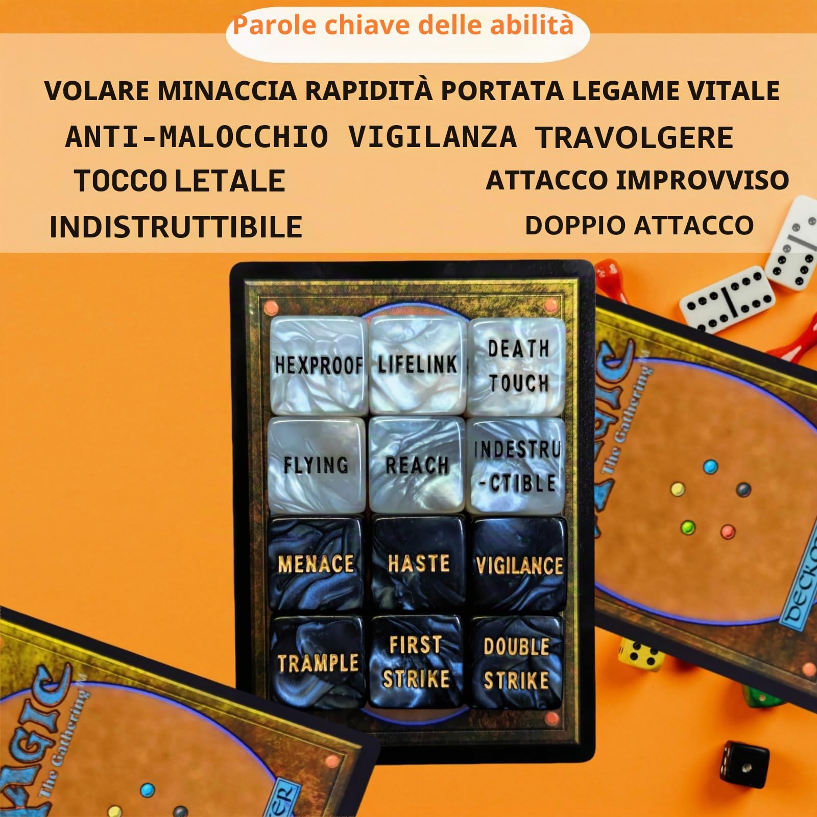 65 PCS MTG Contatori di Dadi - Contatore di Parole Abilità, -1/+1 Life Counter, Shield Life Counter Dice, Marble Colour D6 Dice Dice, per MTG, TCG, Giochi di Carte (sacchetto nero incluso)