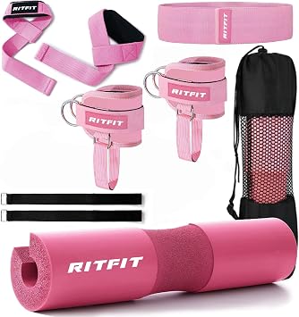 RitFit 7 Pcs Barbell Squat Pad Set, Hip Thrust Pad with Ankle Straps, Resistance Bands, Lifting Straps, Barbell Pad for Squats, Lunges & Hip Thrust
