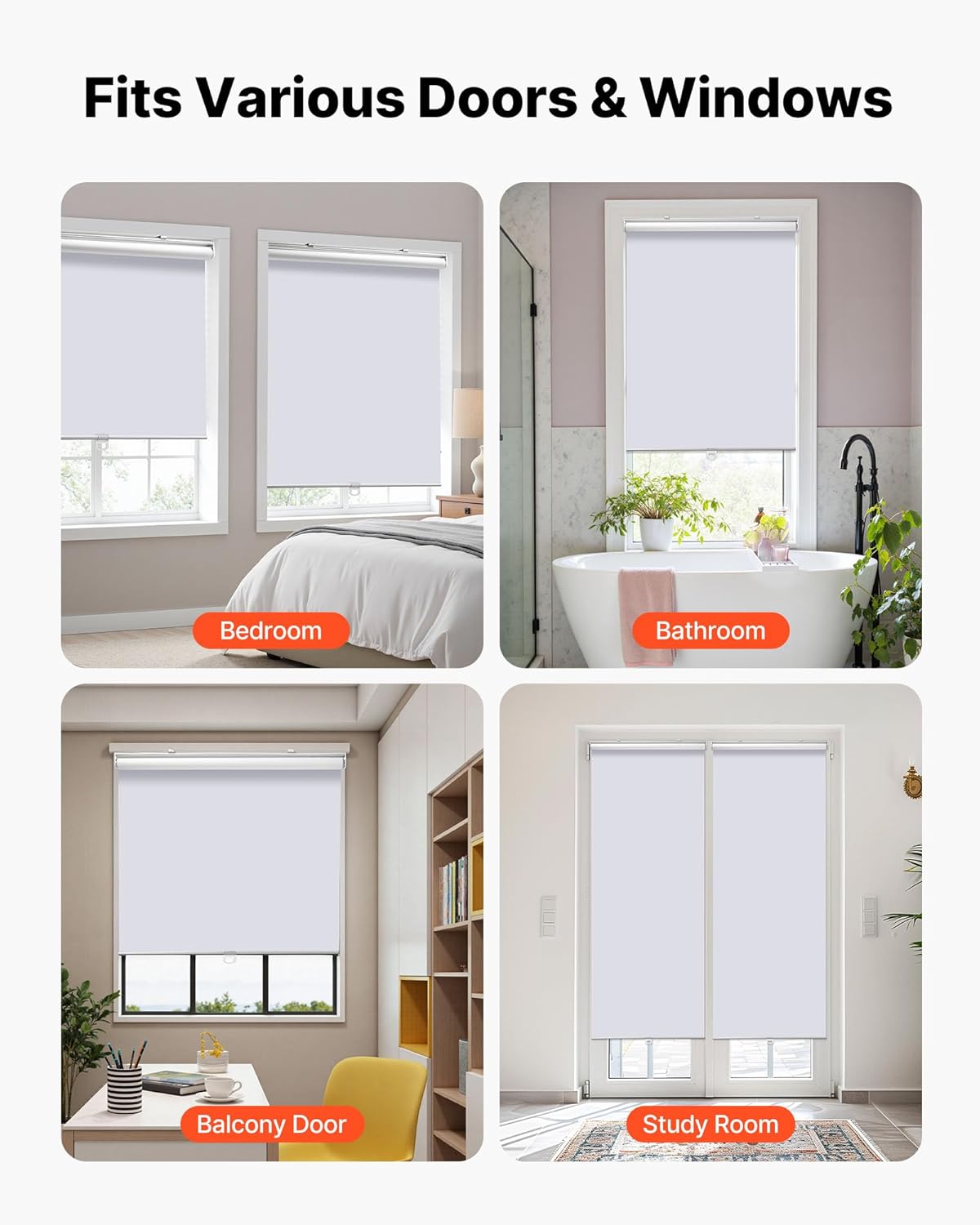VEVOR Cordless Roller Shades, 34 x 72 in, Pull Down Blackout Blinds for Windows Room Darkening, Thermal Insulated, Easy to Install, Blackout Roller Shades for Bedroom, Bathroom, Home, Office, White