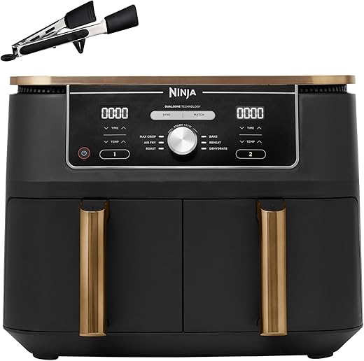 Ninja Foodi MAX Dual Zone Air Fryer, Amazon Exclusive, Tongs, 2 Drawers, 9.5L, 6-in-1, Use No Oil, Air Fry, Max Crisp, Roast, Bake, 8 Portions, Nonstick Dishwasher Safe Baskets, Copper/Black AF400UKCP