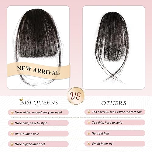 Miniatura 3 de AISI QUEENS Flequillo con clip, extensiones de cabello 100% humano con clip en flequillo negro (flequillo francés, negro natural)