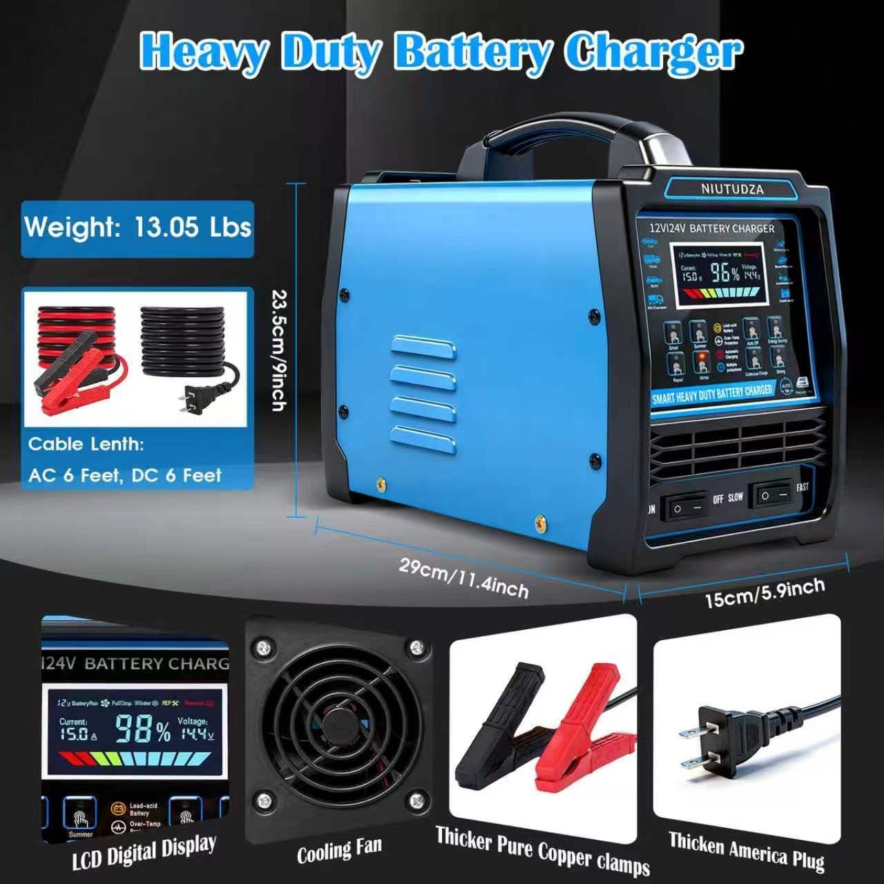 Caricabatterie per auto resistente, 12 V/24 V, 0-15 A, caricatore automatico per batteria, caricabatterie intelligente con spegnimento rapido e lento, spegnimento automatico, riparazione, modalità