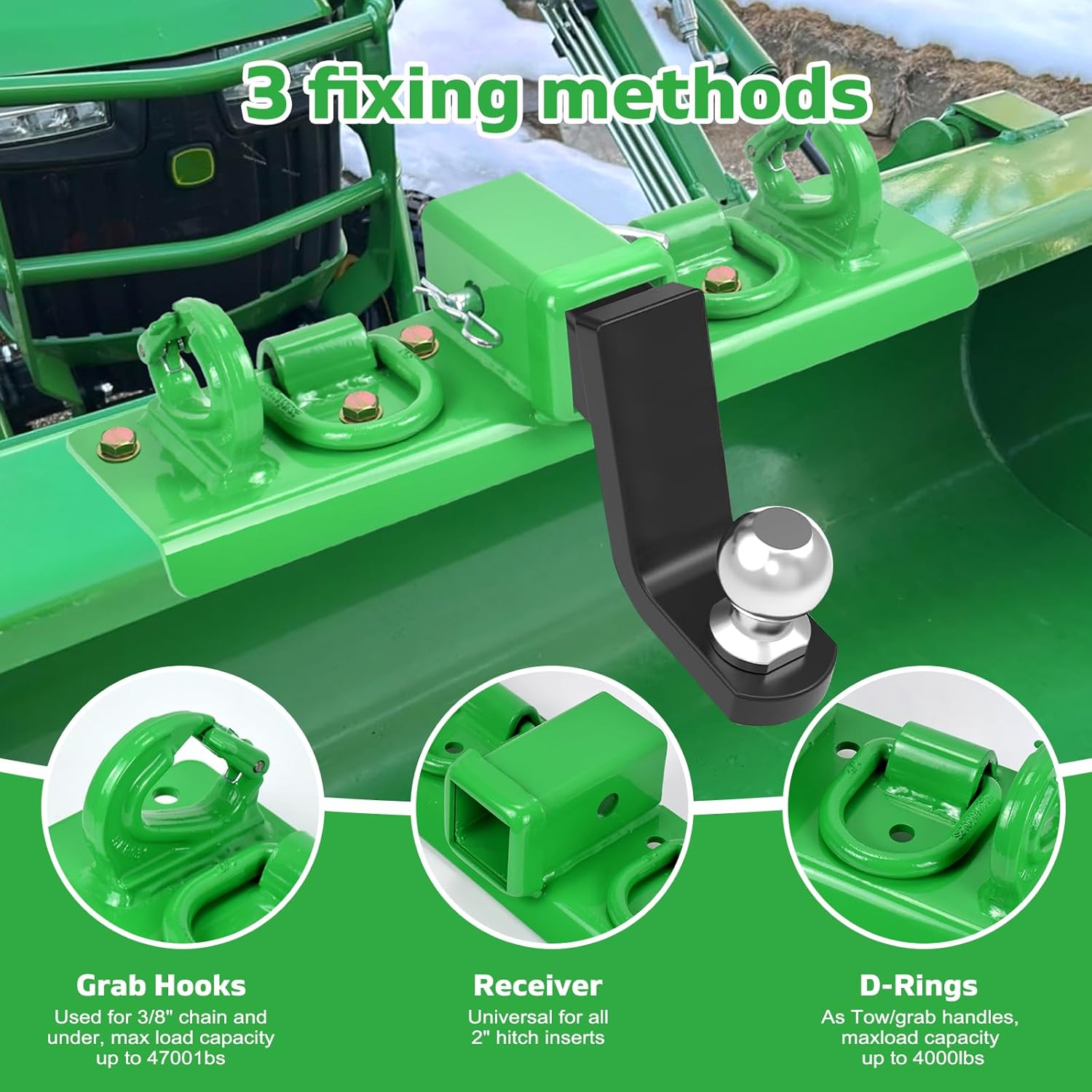 Tractor Bucket Grab Hooks with Self-Locking Function (2026 Upgraded),Tractor Bucket Hooks Bolt on Hooks 2” Receiver (Heavy-Duty) with D Rings Compatible with Kubota Tractors