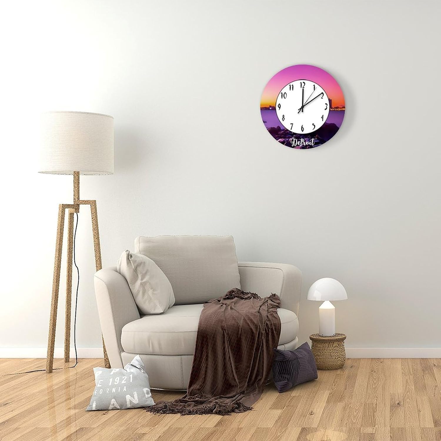 Detroit Decorative Wood Wall Clock for Kitchen Dining Room Home Decoration Detroit Scenery Cityscape Silent Non-Ticking Battery Operated Hanging Wooden Clock 12 Inch