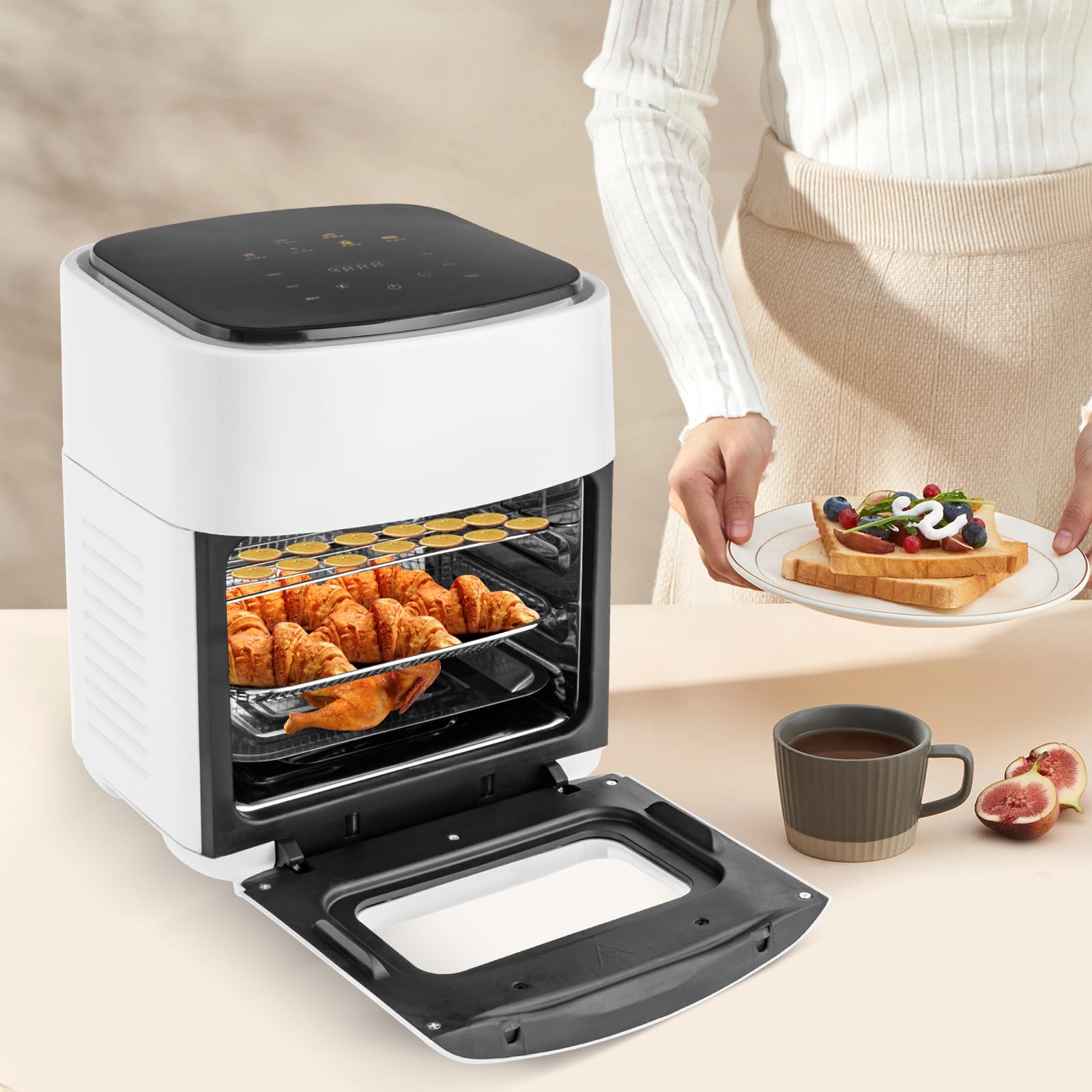 Freidora de aire caliente, 1400 W, 15 L, freidora de aire con pantalla táctil LED digital, freidora de aire caliente, sin grasa, airfryer para asar/asar/secar, 80-200 °C (blanco)