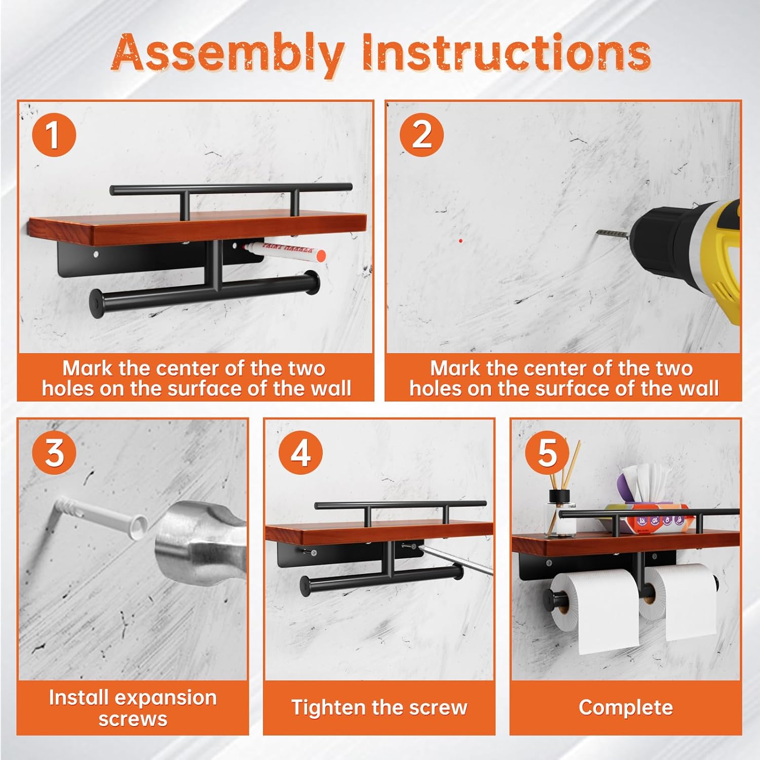 Toilet Paper Holder with Wood Shelf, Wall Mount Toilet Paper Roll Holder with Wooden Shelf and Matte Black Stainless Steel Pipe, Tissue Roll Holder for Bathroom Washroom (Light Brown, 13.8'' x 5.9'')