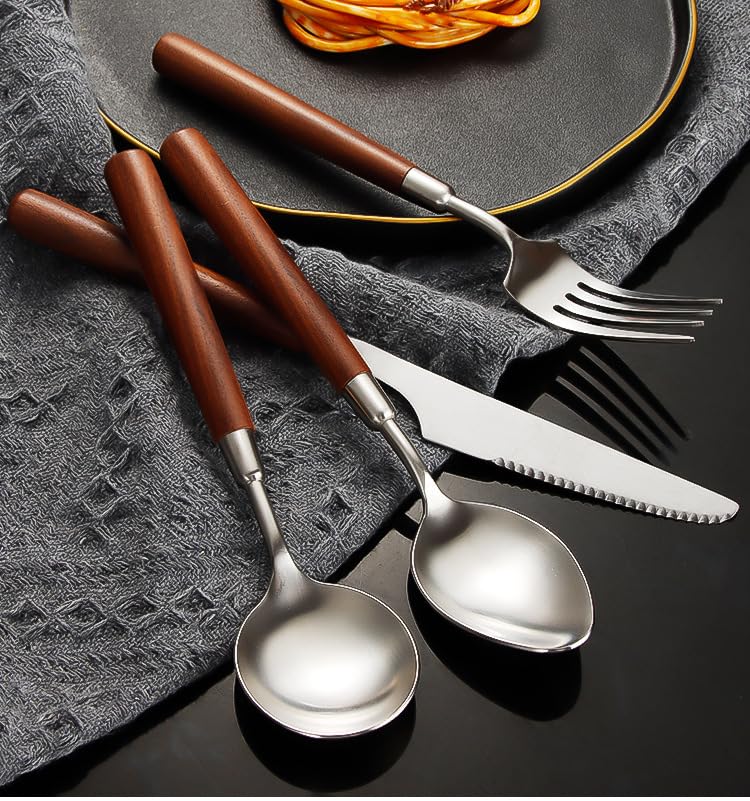 Ensemble de Couverts, 4/16/24/32 pièces, Manche en Bois, Acier Inoxydable 304, Couteau à Steak, Fourchette et cuillère, Service de Table pour Restaurant et Usage Domestique, argenté - 4 ense