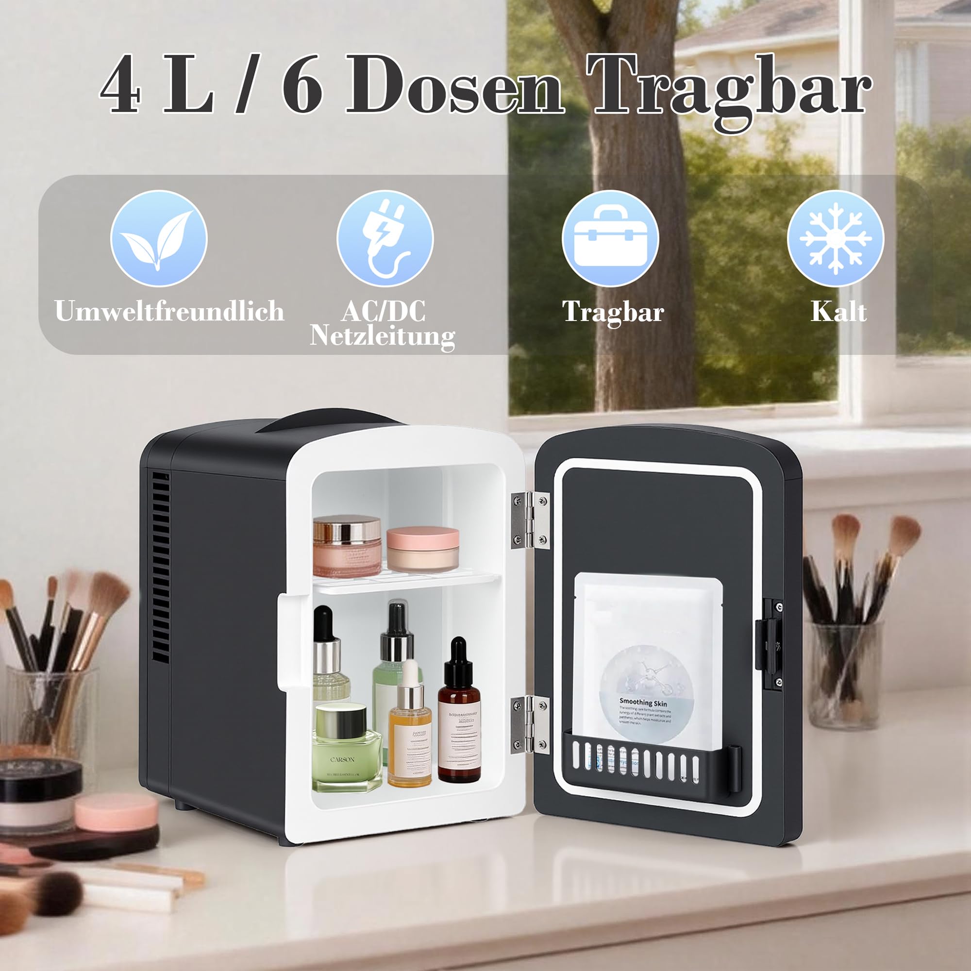 Iceblue Mini-Kühlschrank, Hautpflege Kühlschrank mit verstellbarer LED-Licht, 4L / 6Dosen Kompakt Make-up-Kühlschrank für Kosmetik & Getränke, kleiner Kühler für Zuhause, Auto, Geschenke - Schwarz