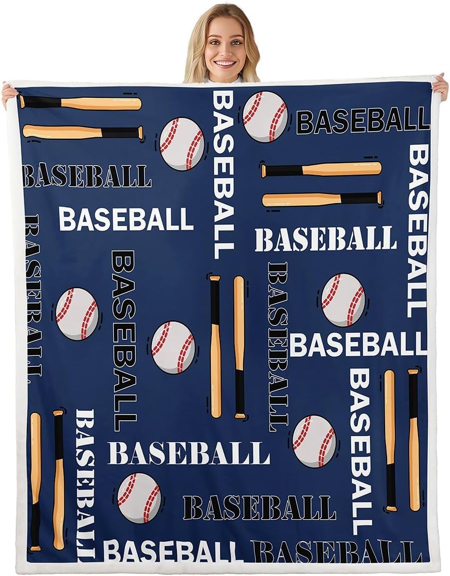 Feelyou Boys Baseball Sherpa Blanket Sports Baseball Print Fleece Throw Blanket for Kids Teens Girls Ball Gamer Decorations Fuzzy Blanket for Sofa Bed Couch Blue,Twin 60x80 Inches