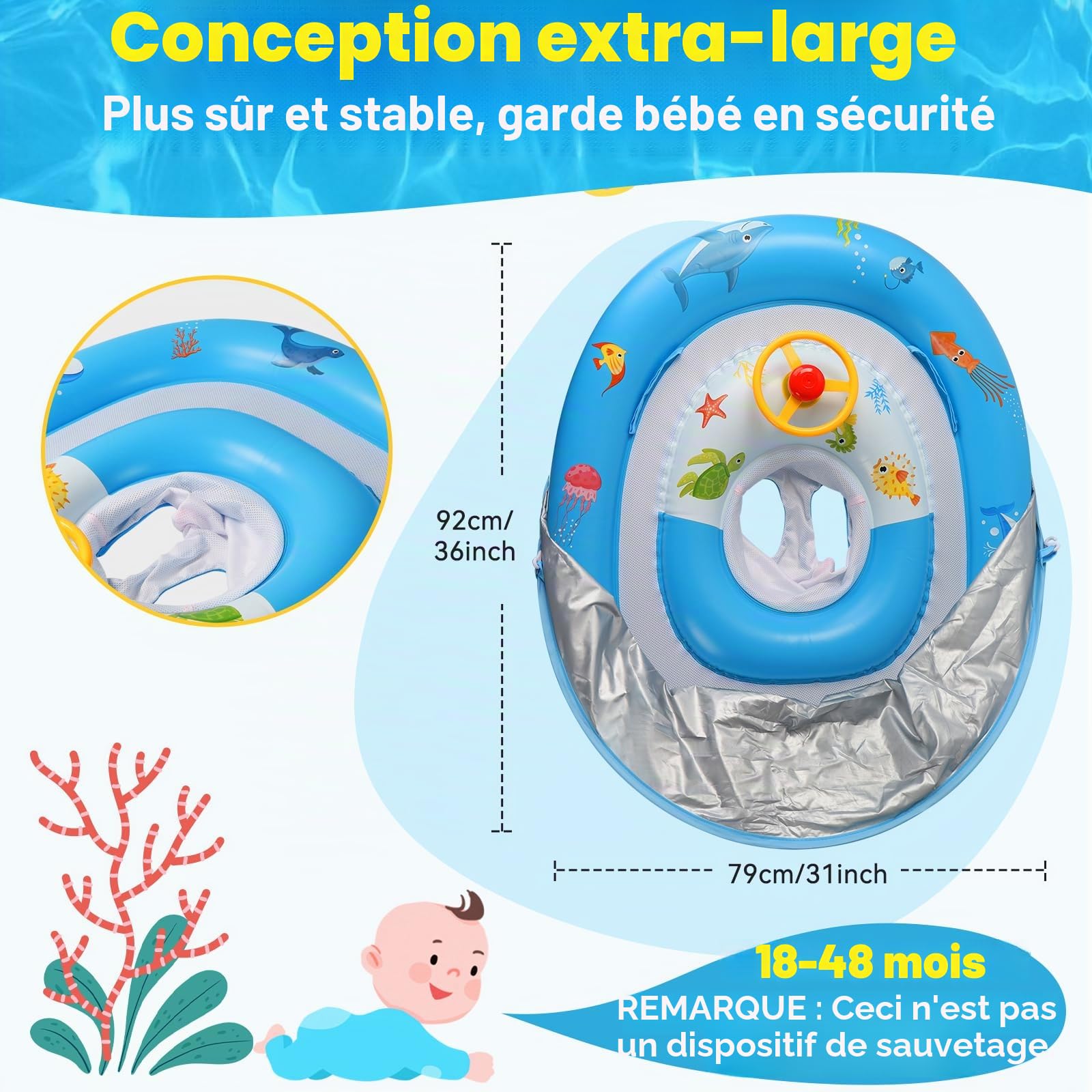 Flotteur Bébé Pare Soleil Bouée Bébé Avec Pare-Soleil Amovible UPF50+ - Bouée Piscine Bébé 3 à 36 Mois, Siège Flotteur Sécurisé Avec Coussin Doux
