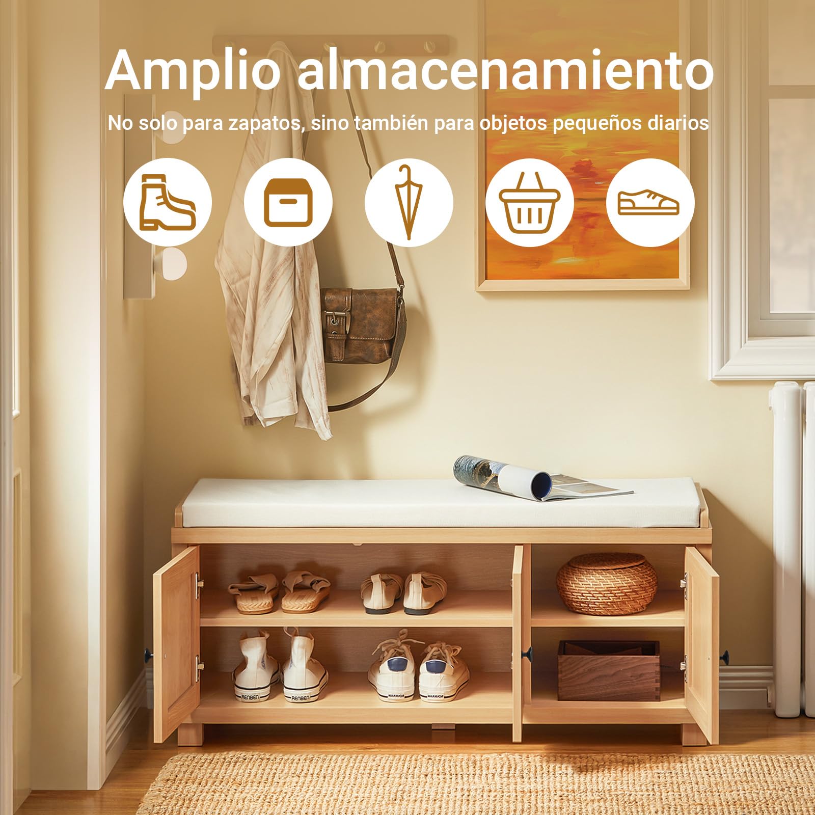 SoBuy Banco Zapatero con 4 Compartimentos 104x35x47cm para recibidor | Banco almacenaje con 3 puertas ocultas y cojín, MDF E1, carga 225kg, natural FSR188-N