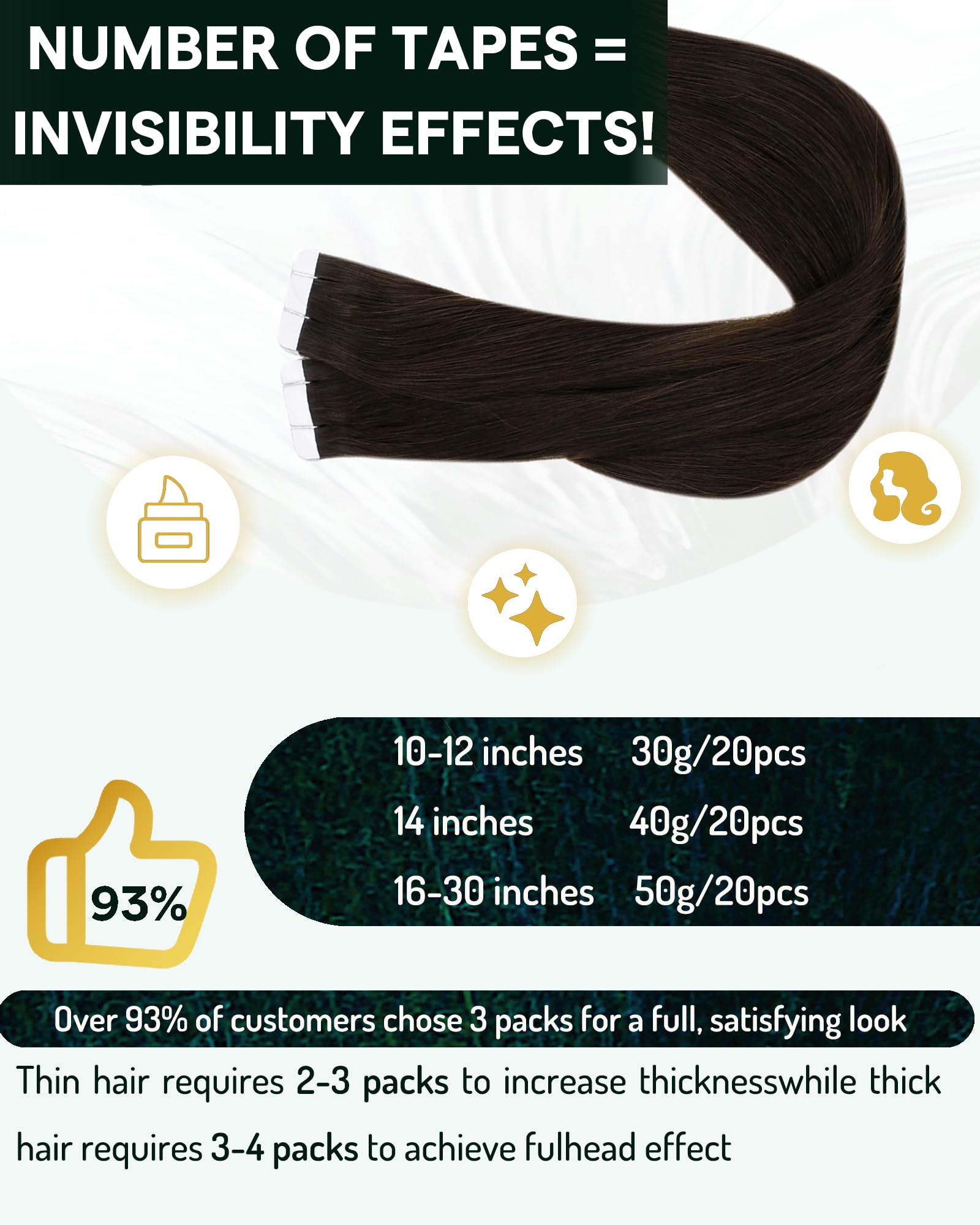 RUNATURE 18 Inch Tape in Hair Extensions Human Hair Dark Brown Tape Hair Extensions Real Human Hair Invisible Tapes Remy Straight Darkest Brown Hair 20pcs 50g #2 - Image 4