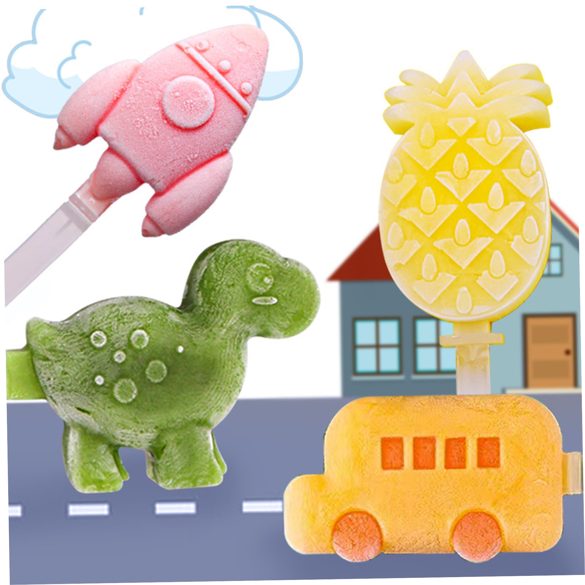 4 moldes de silicona para paletas de bebé, 3 cavidades, sin BPA, molde para helado, lindo dinosaurio, frutas, forma de coche, molde para hielo con tapa y 24 palos