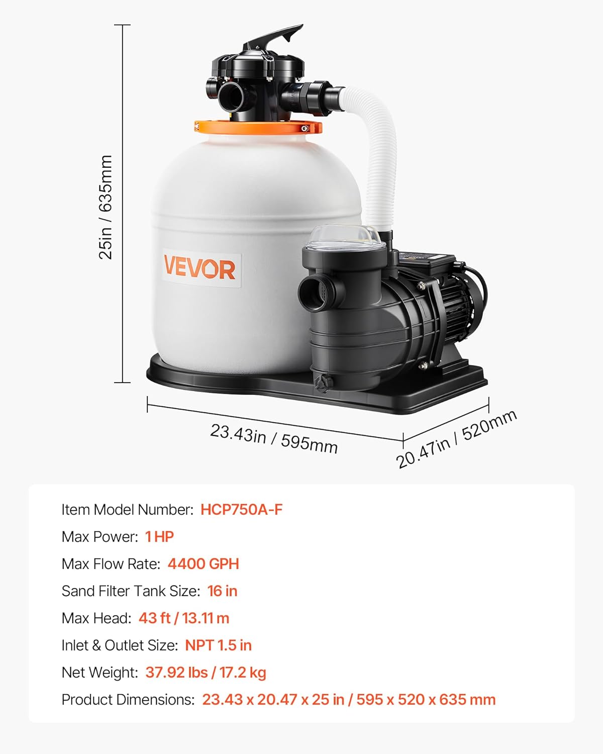 VEVOR FlashPure Sand Filter Pump, 16 in for Above Ground Pool, 1 HP 4400 GPH, Swimming Pool Filter System with Timer, 6X Faster Filtration with Media Installed, Leak-Resistant, Ready to Use Out of Box