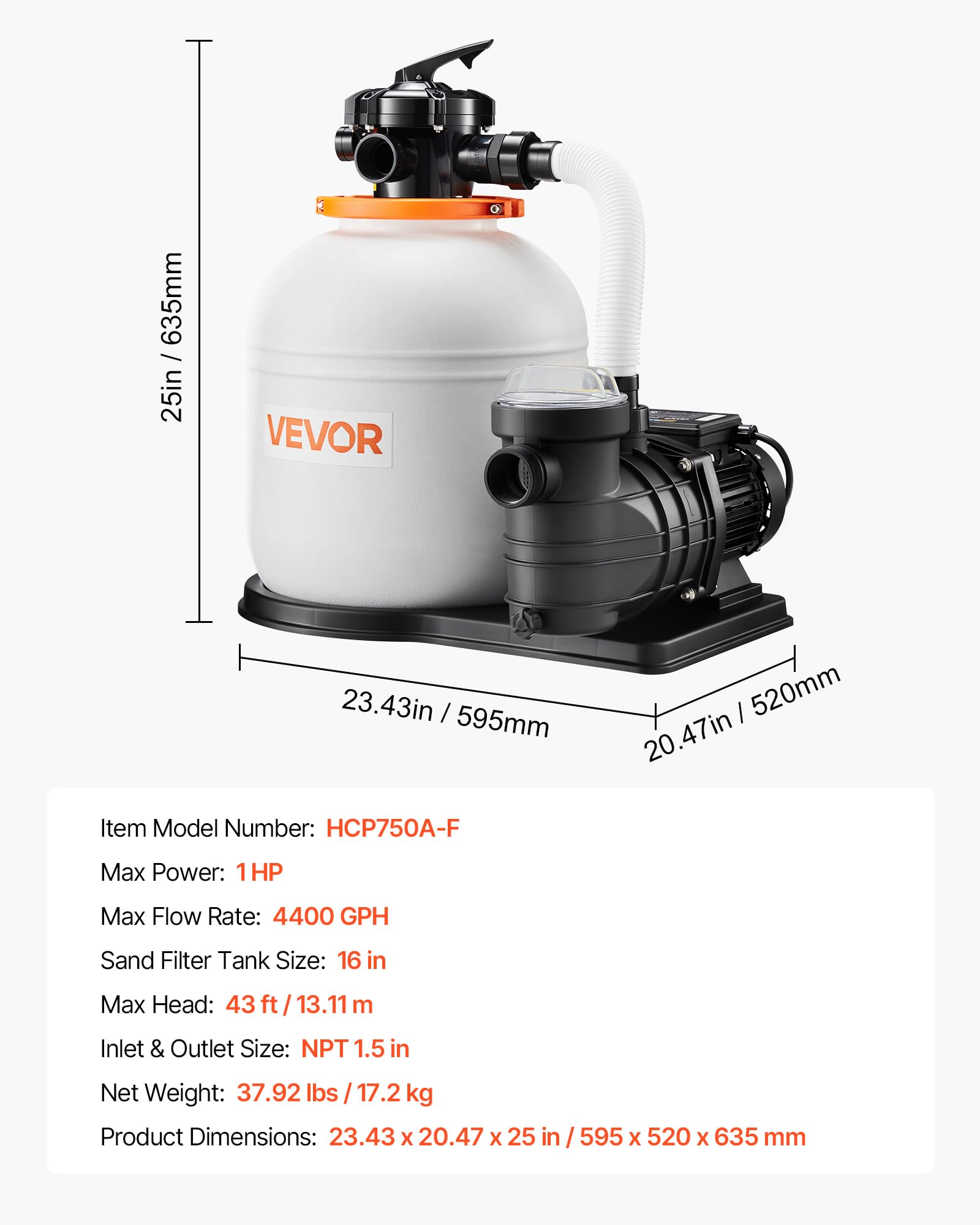 VEVOR FlashPure Sand Filter Pump, 16 in for Above Ground Pool, 1 HP 4400 GPH, Swimming Pool Filter System with Timer, 6X Faster Filtration with Media Installed, Leak-Resistant, Ready to Use Out of Box — view 7