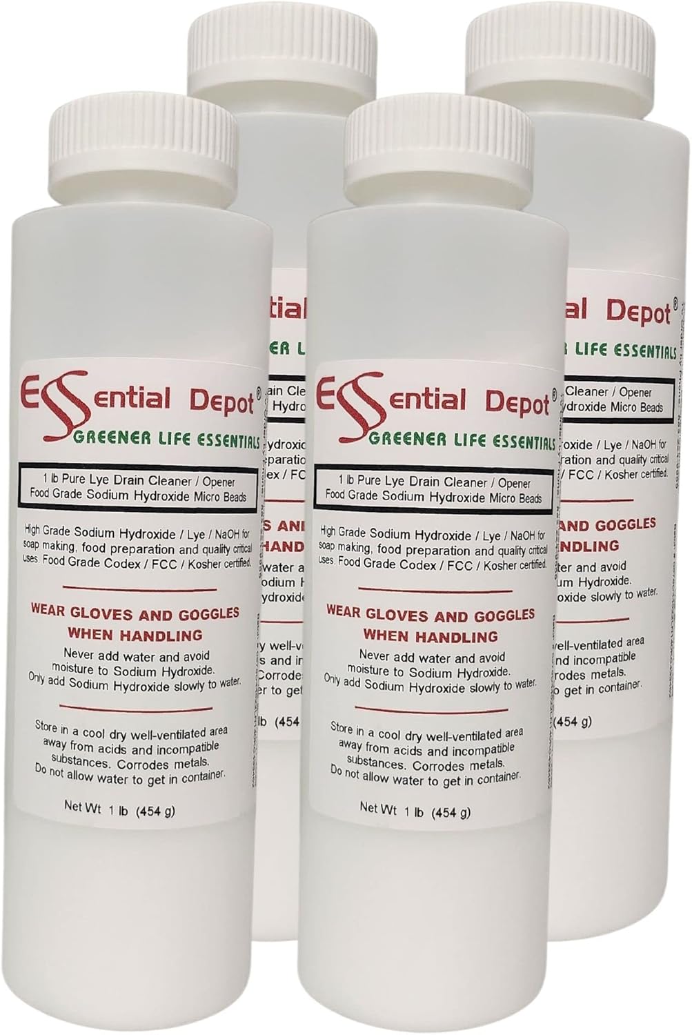 Essential Depot 4 lbs Food Grade Sodium Hydroxide Lye Evenly-Sized Micro Pels (Beads or Particles) - 4 x 1 lb Bottles - Drain Cleaner - HDPE Container with Resealable Child Resistant Cap and Handle