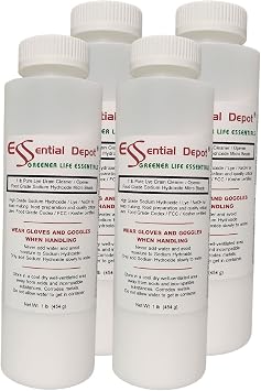 Essential Depot 4 lbs Food Grade Sodium Hydroxide Lye Evenly-Sized Micro Pels Beads or Particles - 4 x 1 lb Bottles - Drain Cleaner - HDPE Container with Resealable Child Resistant Cap and Handle