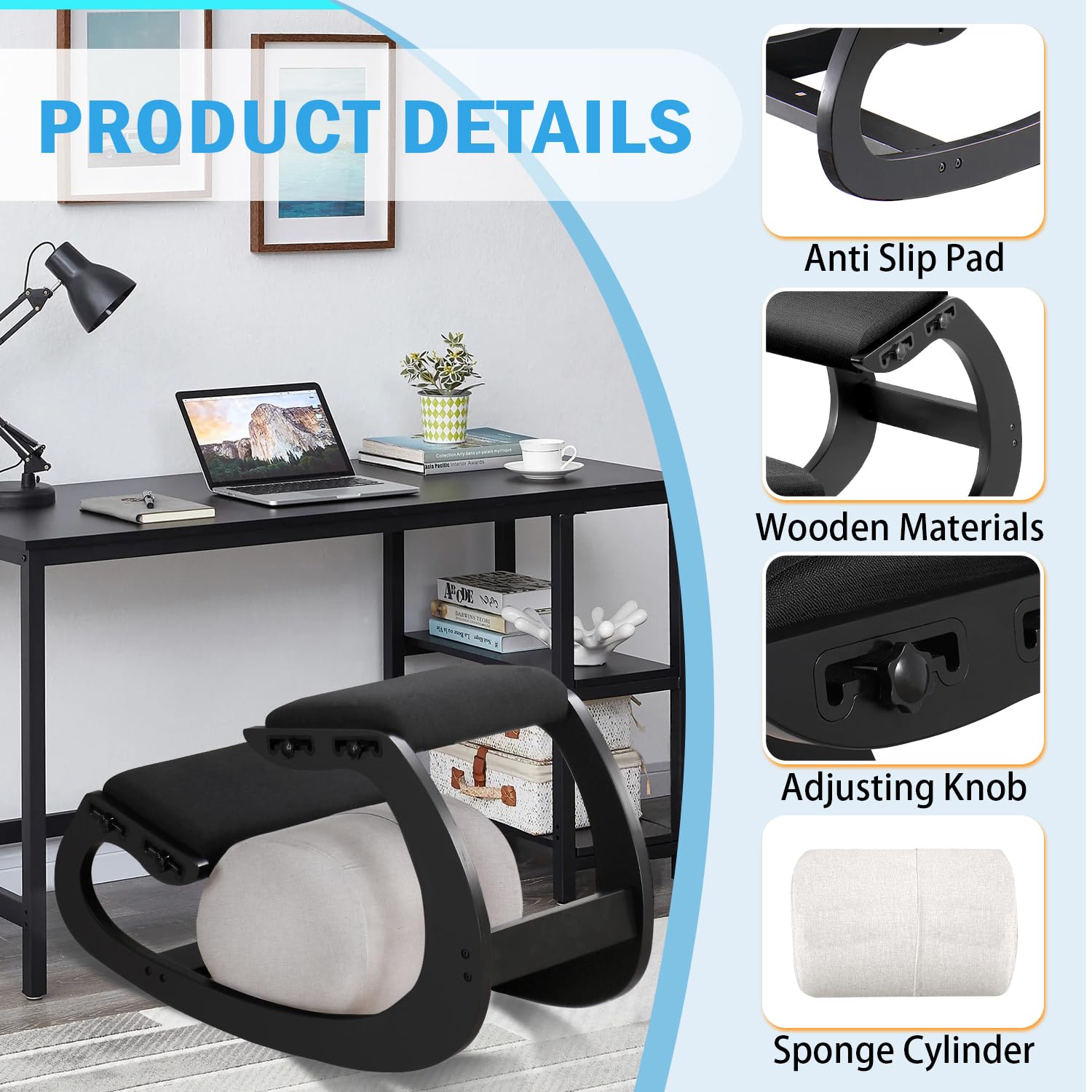 Adjustable Kniestuhl, Ergonomischer Schaukelstuhl aus Holz - Verbessern Sie Ihre Körperhaltung mit einem angewinkelten Sitz für Zuhause, Büro (Black)