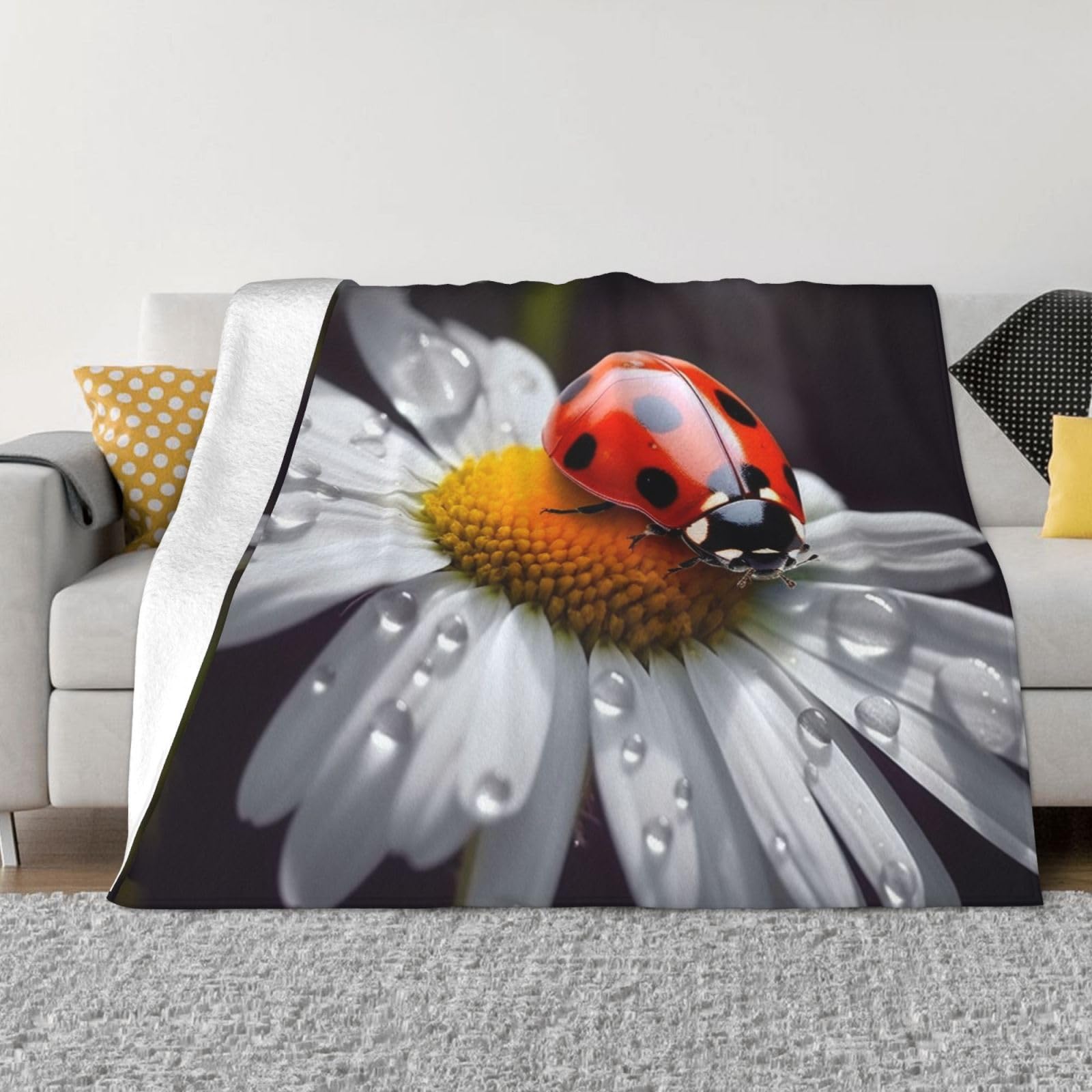 Fodpand Black Ladybug On Daisy Flower Flannel Blanket 80"X60" - Ultra-Soft Lightweight Throw Blanket For Bed, Sofa, And Couch - Luxury Air Conditioning Blankets - Cozy Warm Blankets For All Seasons