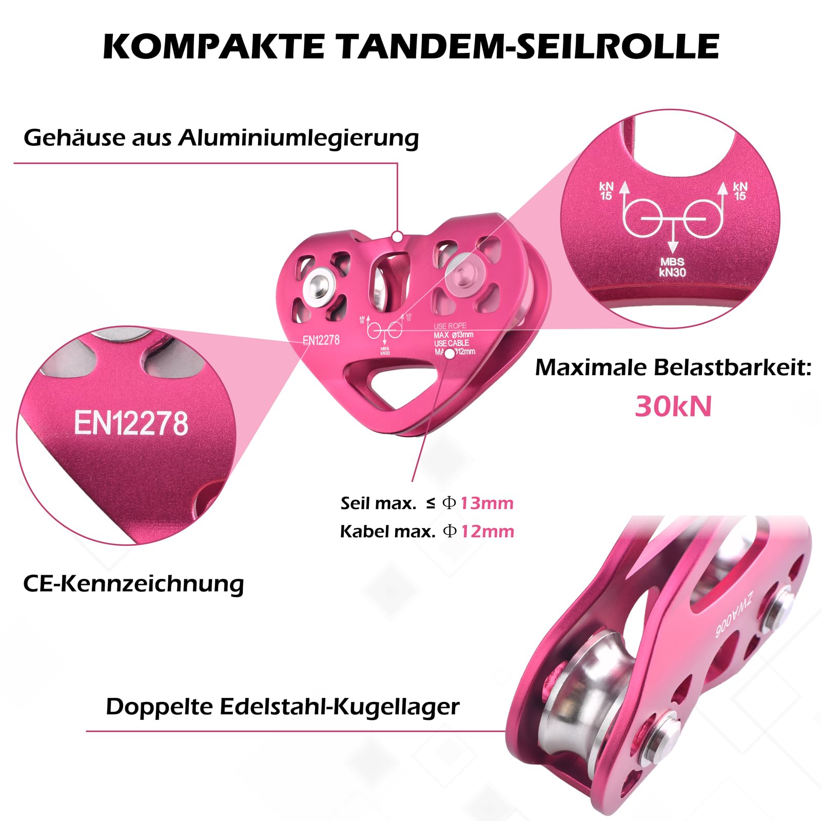 TRIWONDER 30kN Seilrolle Umlenkrolle, EN12278, Doppelseilrolle für Stahlseile 8-12 mm Ø und Textilseile bis 13 mm Ø