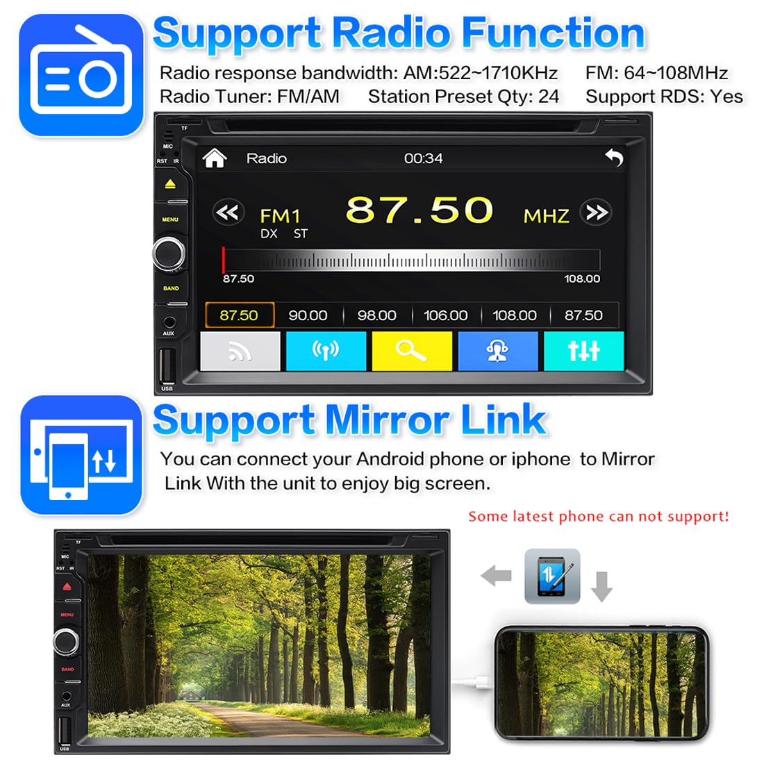 Stéréo de Voiture sans Fil CarPlay et Android Auto avec Lecteur CD/DVD, Écran Tactile Double Din de 6,95 Pouces Autoradio Prise en Charge du Lien Miroir Bluetooth AM/FM USB/TF/AUX