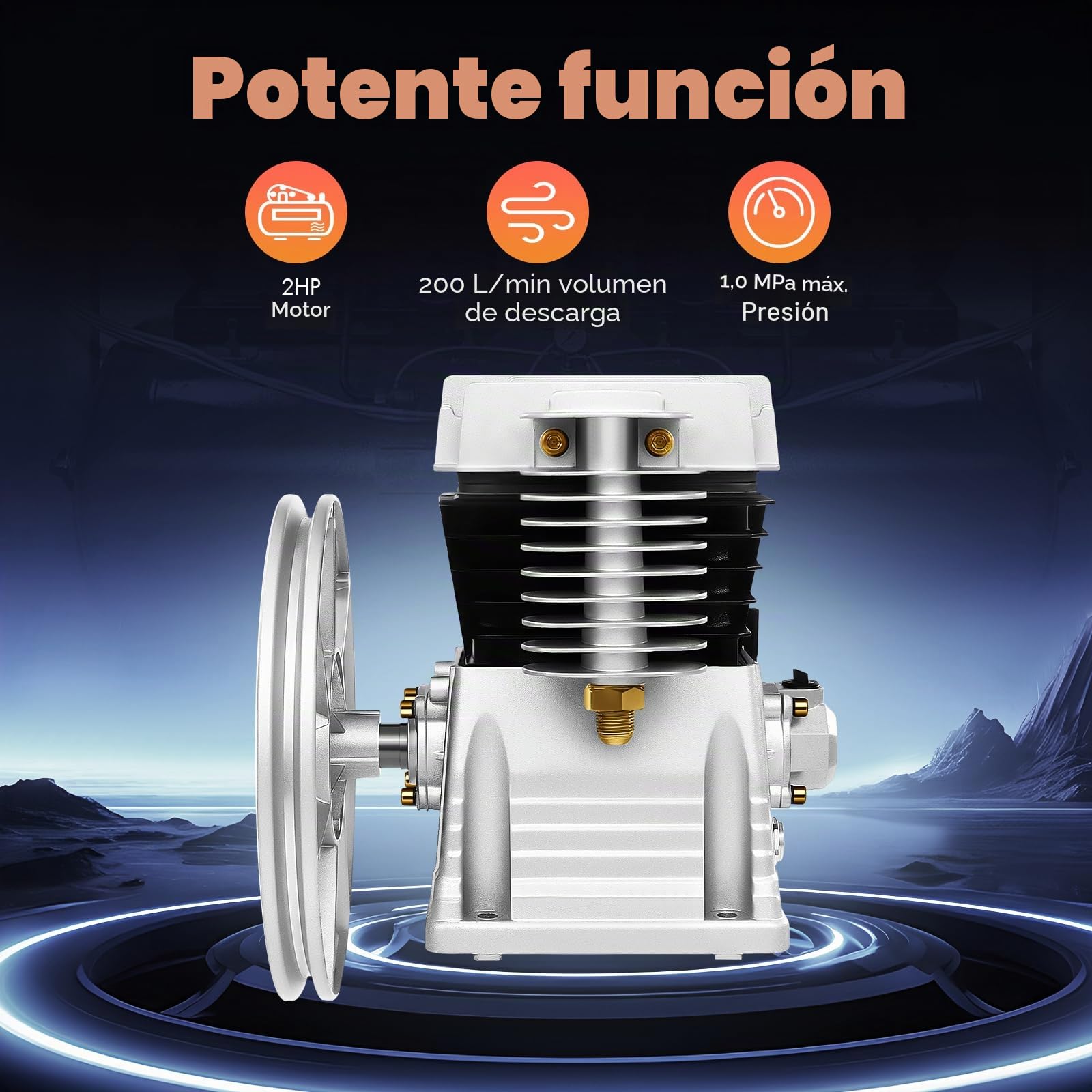 2HP 200L/min Cabezal de Bomba de Compresor de Aire con 0.8-1 MPa de presión | Compresor de aire de pistón de bomba de 1500W engrasado con aceite de dos cilindros,para uso en automoción e industrial