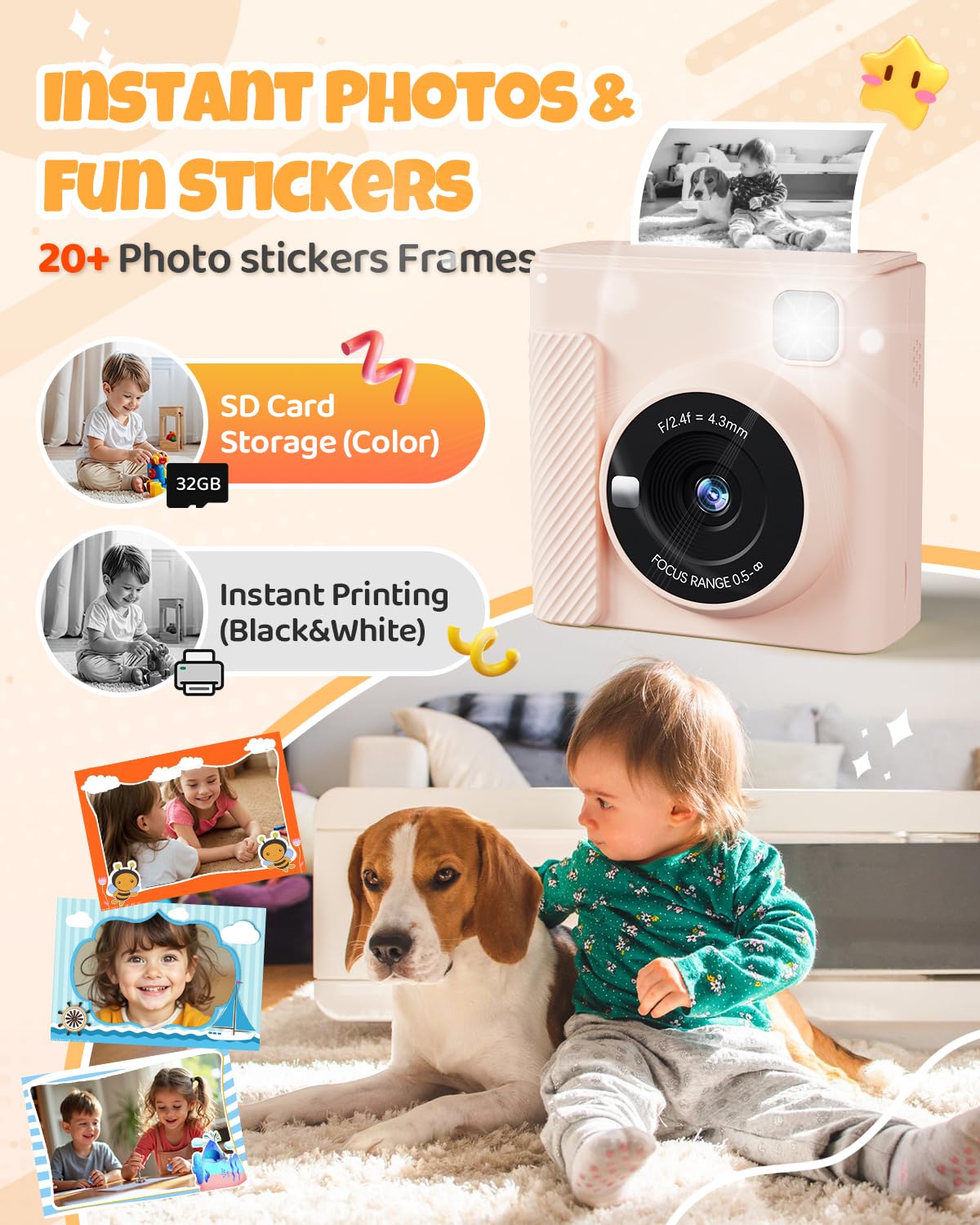 TIATUA Macchina Fotografica Bambini Istantanea, 2.4 Pollici 1080P Fotocamera Digitale Bambini con 32GB Scheda & Papier Photo, Regalo di Natale per Bambini dai 3-12 Anni